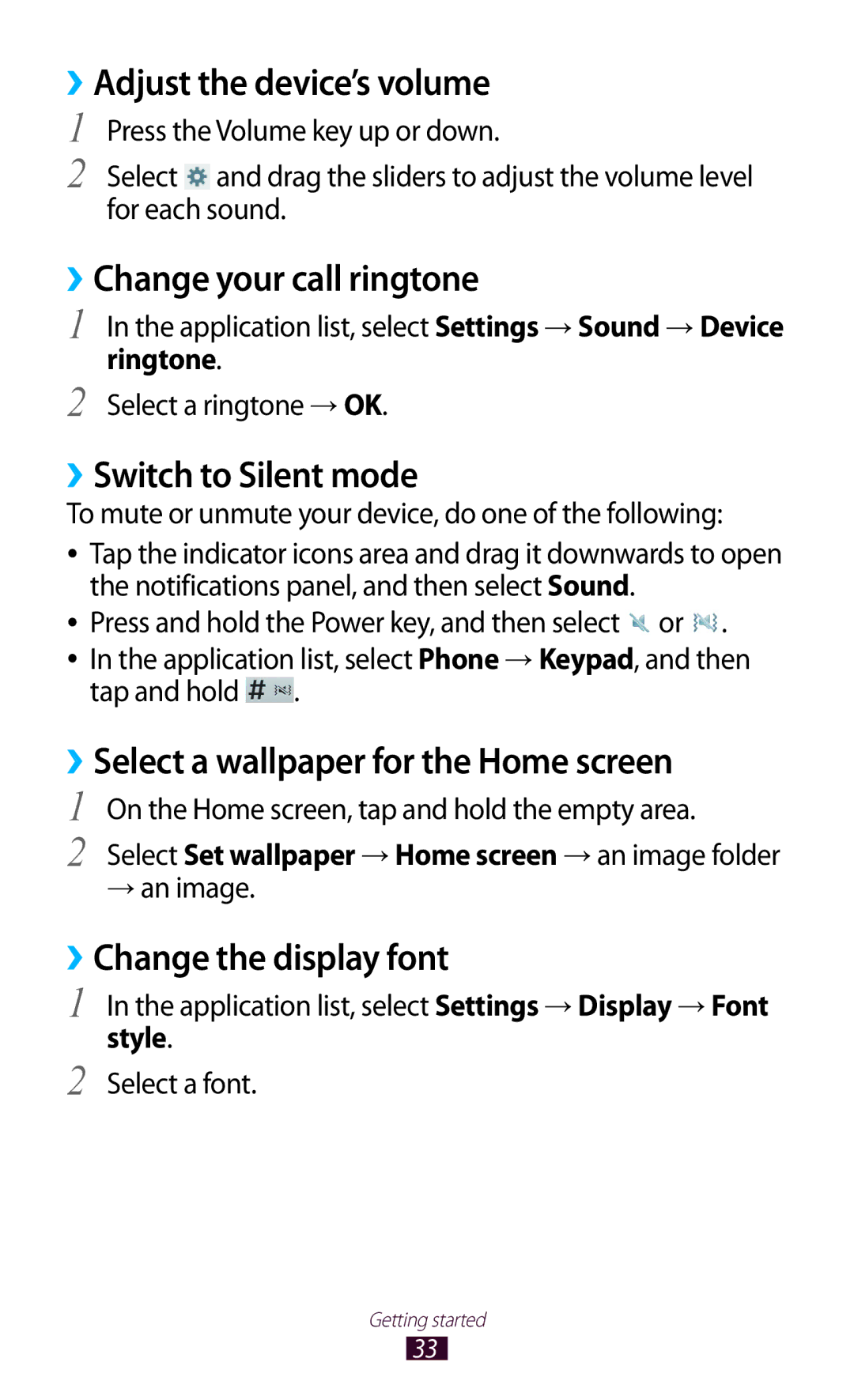 Samsung GT-P3100ZWABOG, GT-P3100TSAVD2 ››Adjust the device’s volume, ››Change your call ringtone, ››Switch to Silent mode 