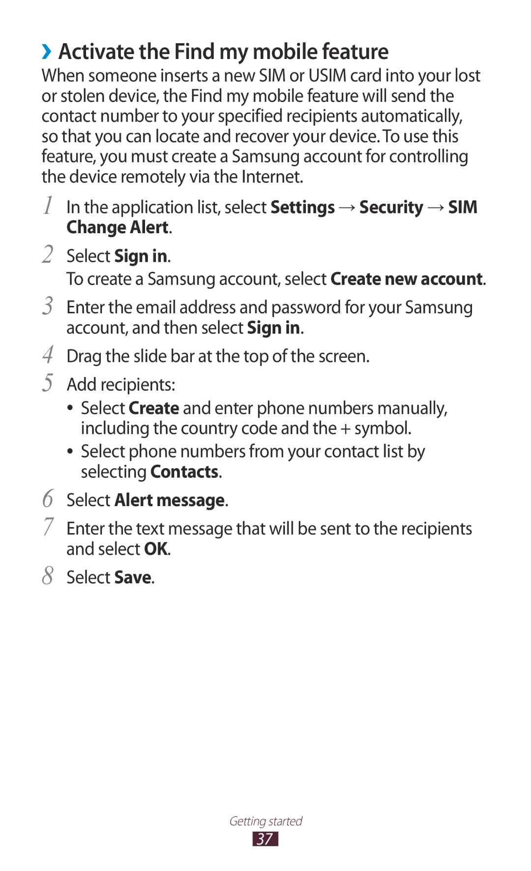 Samsung GT-P3100TSEITV manual ››Activate the Find my mobile feature, Application list, select Settings → Security → SIM 