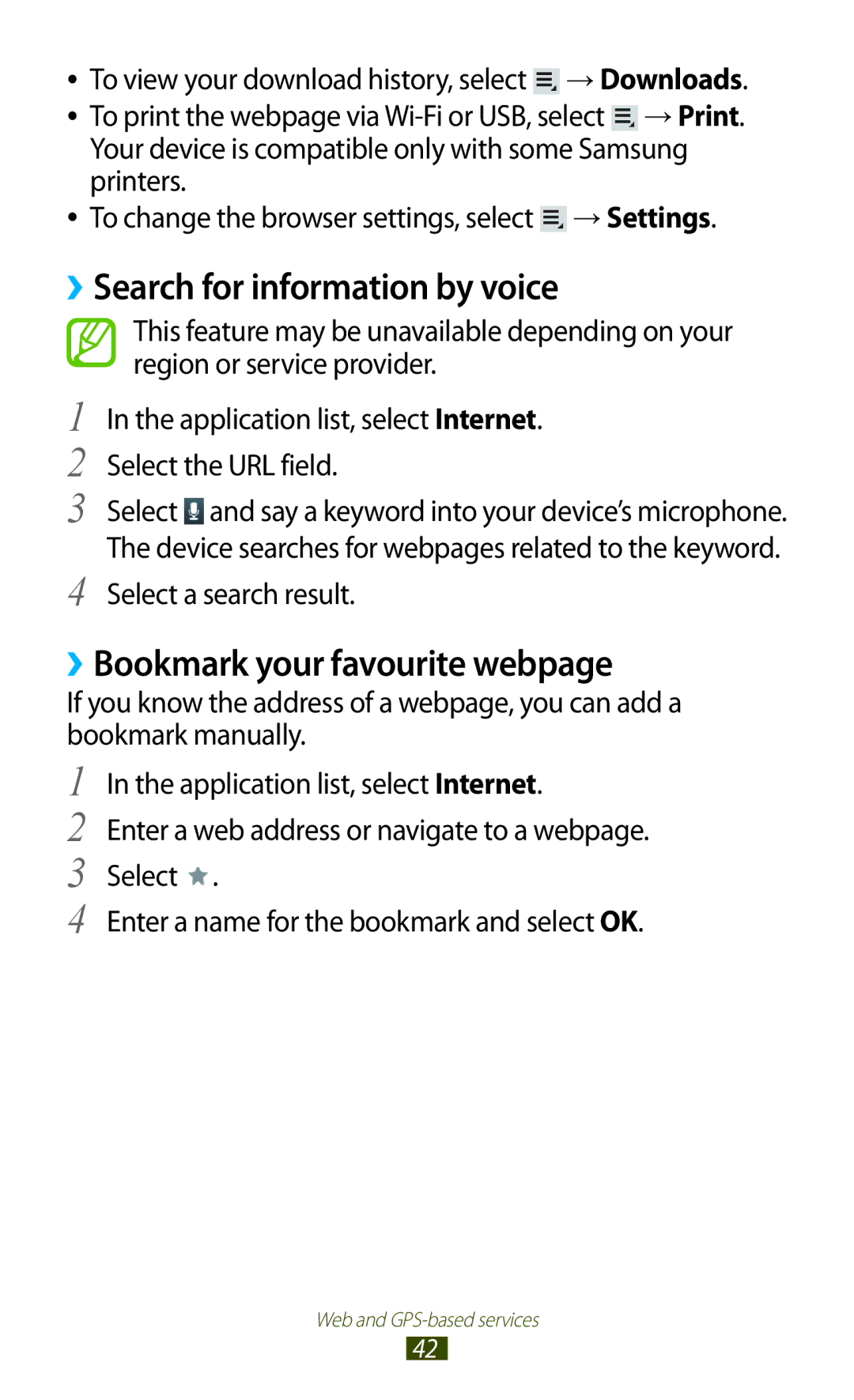 Samsung GT-P3100ZWATIM manual ››Search for information by voice, ››Bookmark your favourite webpage, Select a search result 