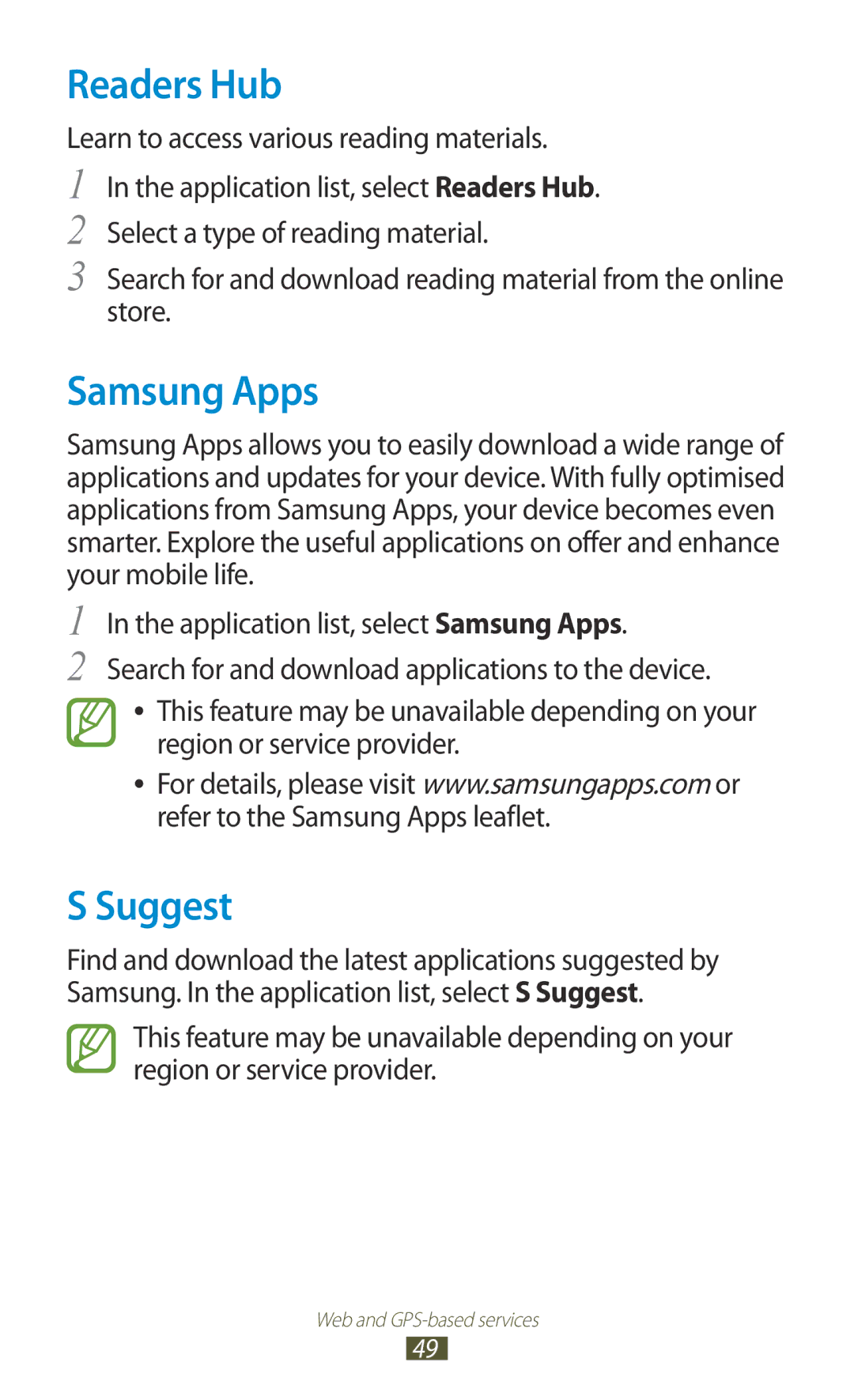 Samsung GT-P3100ZWEAMN, GT-P3100TSAVD2, GT-P3100ZWAHUI, GT-P3100ZWFDBT, GT-P3100TSFDBT Readers Hub, Samsung Apps, Suggest 