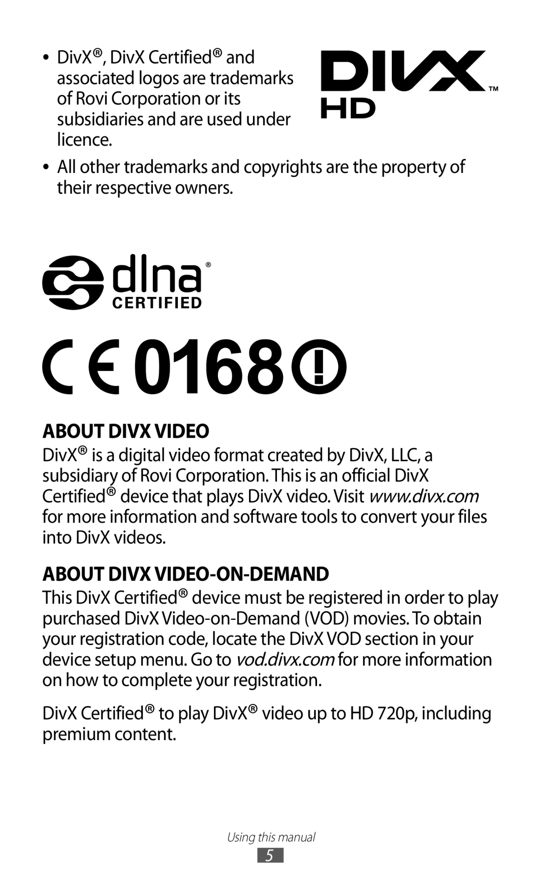 Samsung GT-P3100ZWETPH, GT-P3100TSAVD2, GT-P3100ZWAHUI, GT-P3100ZWFDBT manual About Divx Video About Divx VIDEO-ON-DEMAND 