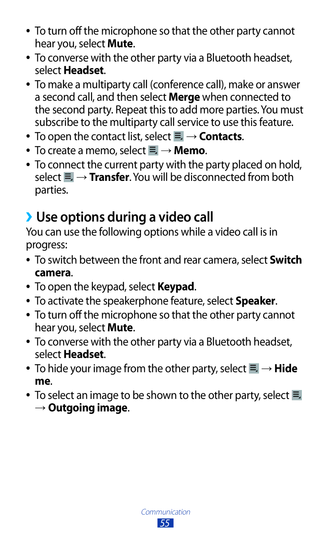 Samsung GT-P3100ZWEJED, GT-P3100TSAVD2, GT-P3100ZWAHUI, GT-P3100ZWFDBT ››Use options during a video call, → Outgoing image 