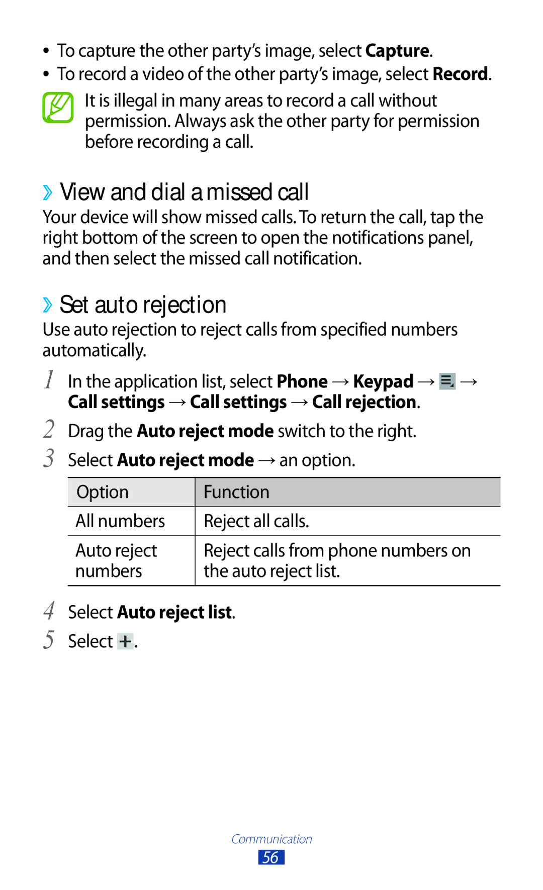 Samsung GT-P3100TSAMRT, GT-P3100TSAVD2 manual ››View and dial a missed call, ››Set auto rejection, Select Auto reject list 