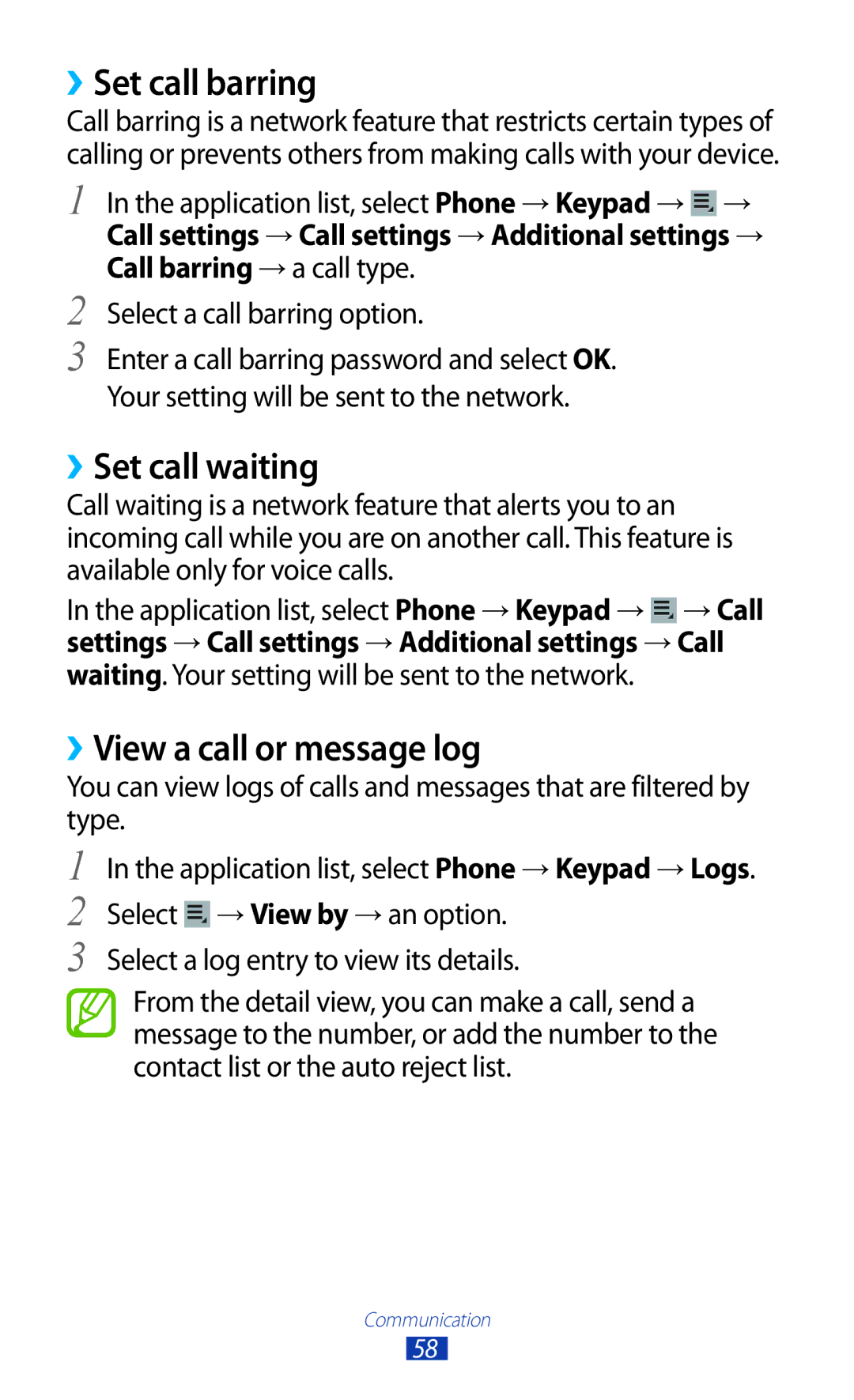 Samsung GT-P3100ZWAAFG, GT-P3100TSAVD2, GT-P3100ZWAHUI ››Set call barring, ››Set call waiting, ››View a call or message log 