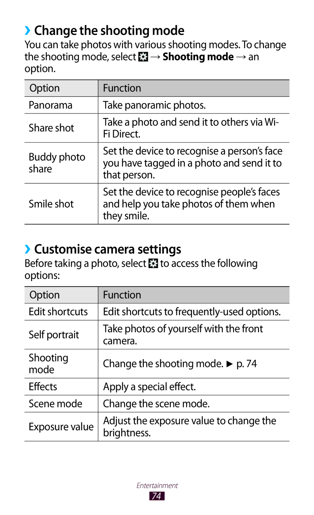 Samsung GT-P3100ZWACAC, GT-P3100TSAVD2, GT-P3100ZWAHUI manual ››Change the shooting mode, ››Customise camera settings 