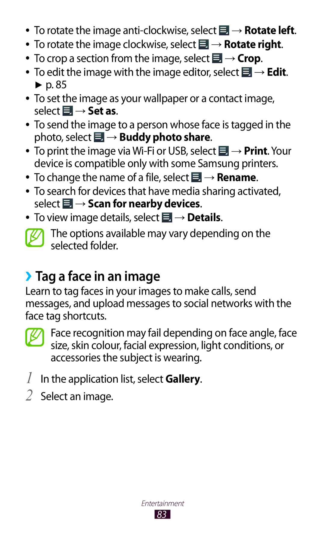 Samsung GT-P3100TSACAC manual ››Tag a face in an image, To rotate the image anti-clockwise, select → Rotate left, → Crop 