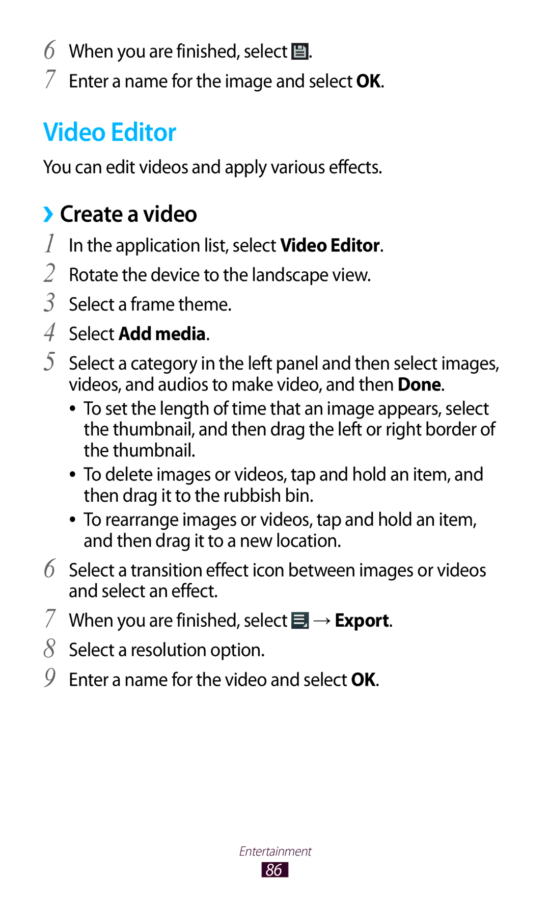 Samsung GT-P3100TSEECT Video Editor, ››Create a video, You can edit videos and apply various effects, Select Add media 