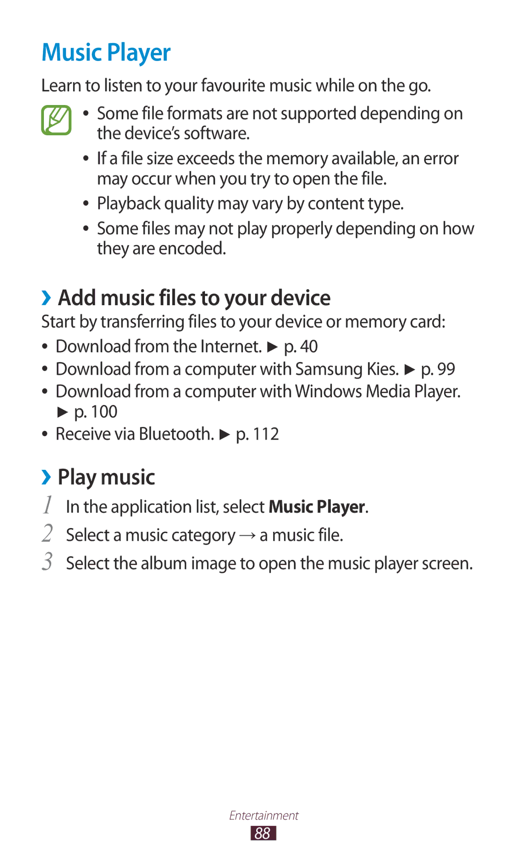 Samsung GT-P3100GRYXXV manual Music Player, ››Add music files to your device, ››Play music, Receive via Bluetooth. p 