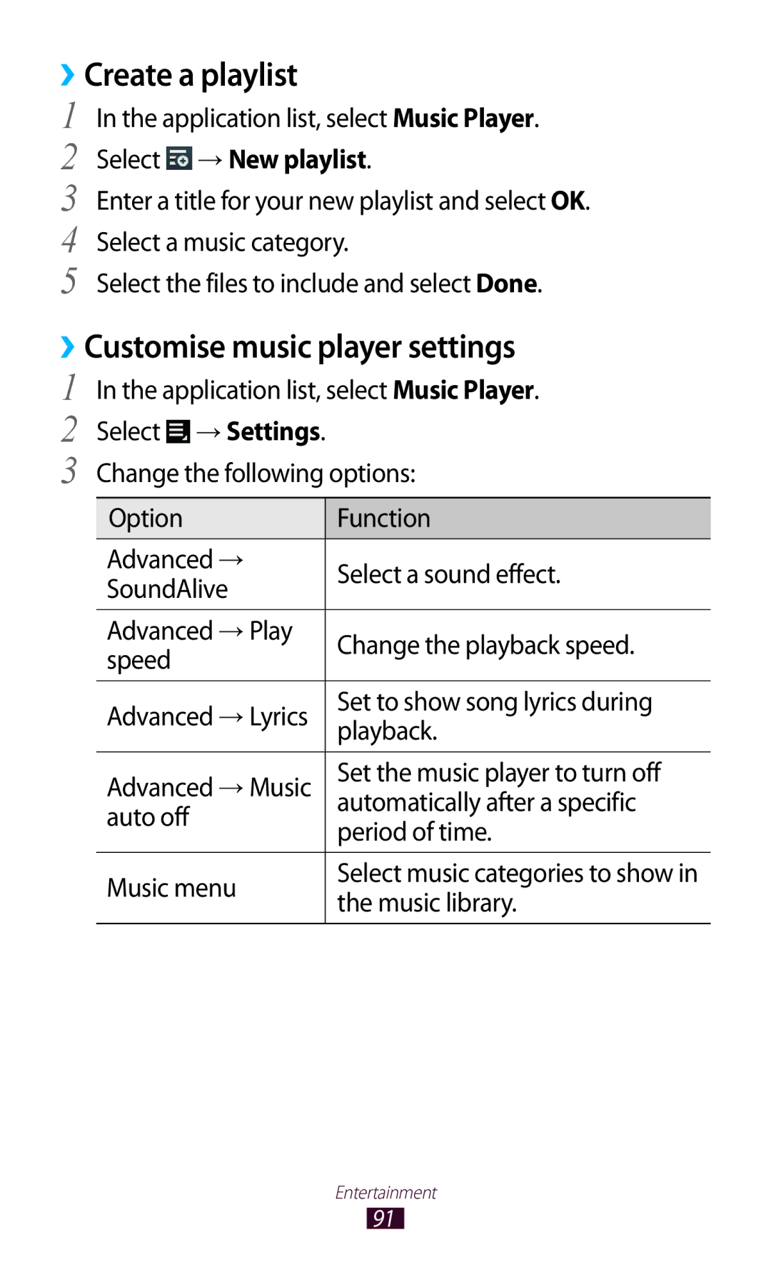 Samsung GT-P3100TSEMTL, GT-P3100TSAVD2 manual ››Create a playlist, ››Customise music player settings, Select → New playlist 