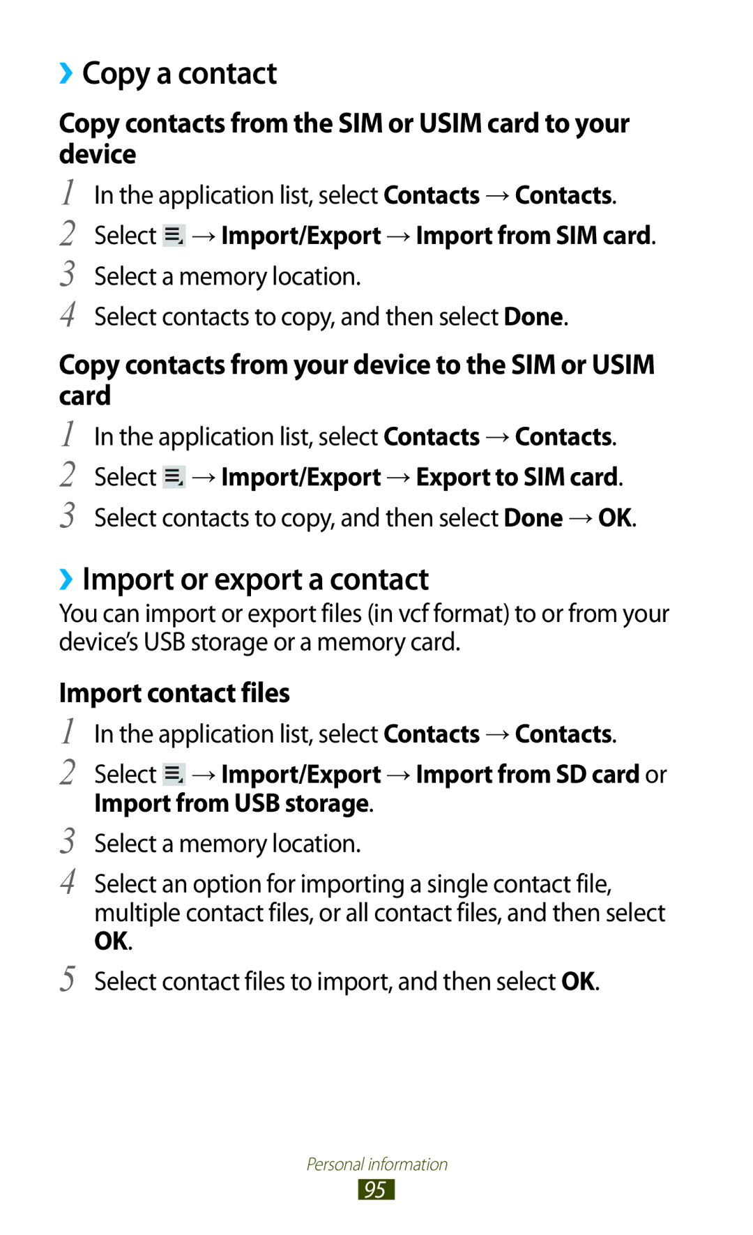 Samsung GT-P3100TSEBGL manual ››Copy a contact, ››Import or export a contact, Select → Import/Export → Export to SIM card 