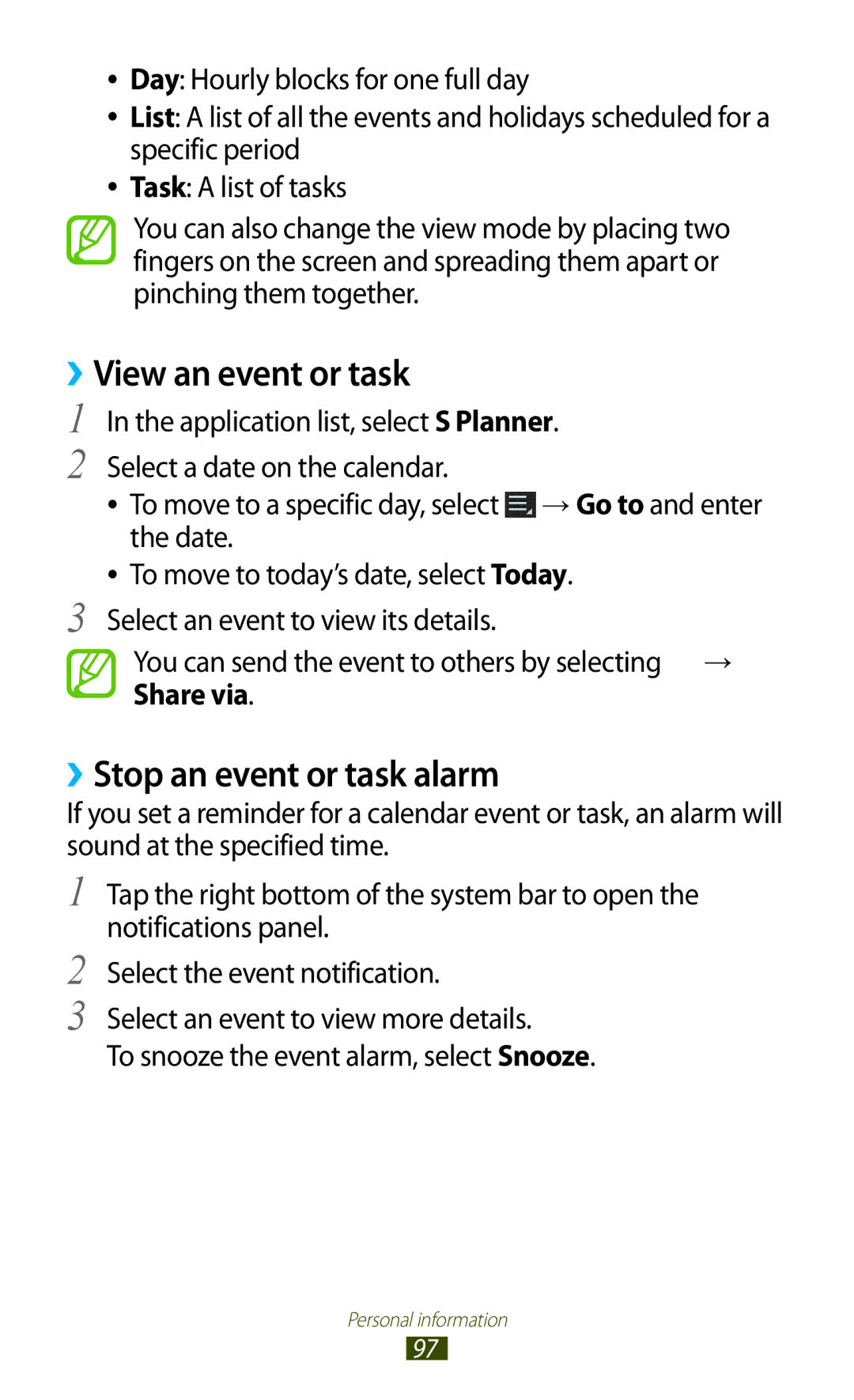 Samsung GT-P3100TSAMTL, GT-P3100TSAVD2, GT-P3100ZWAHUI manual ››View an event or task, ››Stop an event or task alarm 