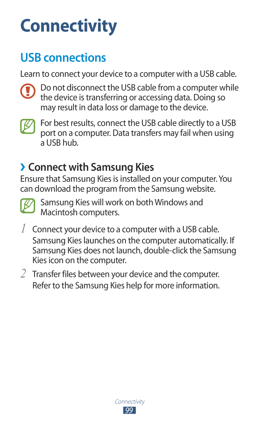 Samsung GT-P3100ZWAMTL, GT-P3100TSAVD2, GT-P3100ZWAHUI, GT-P3100ZWFDBT manual USB connections, ››Connect with Samsung Kies 