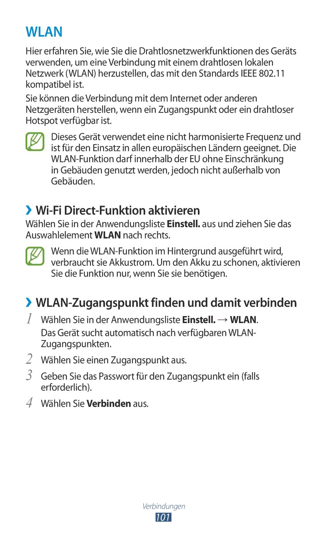 Samsung GT-P3100ZWEEPL ››Wi-Fi Direct-Funktion aktivieren, Gebäuden genutzt werden, jedoch nicht außerhalb von Gebäuden 
