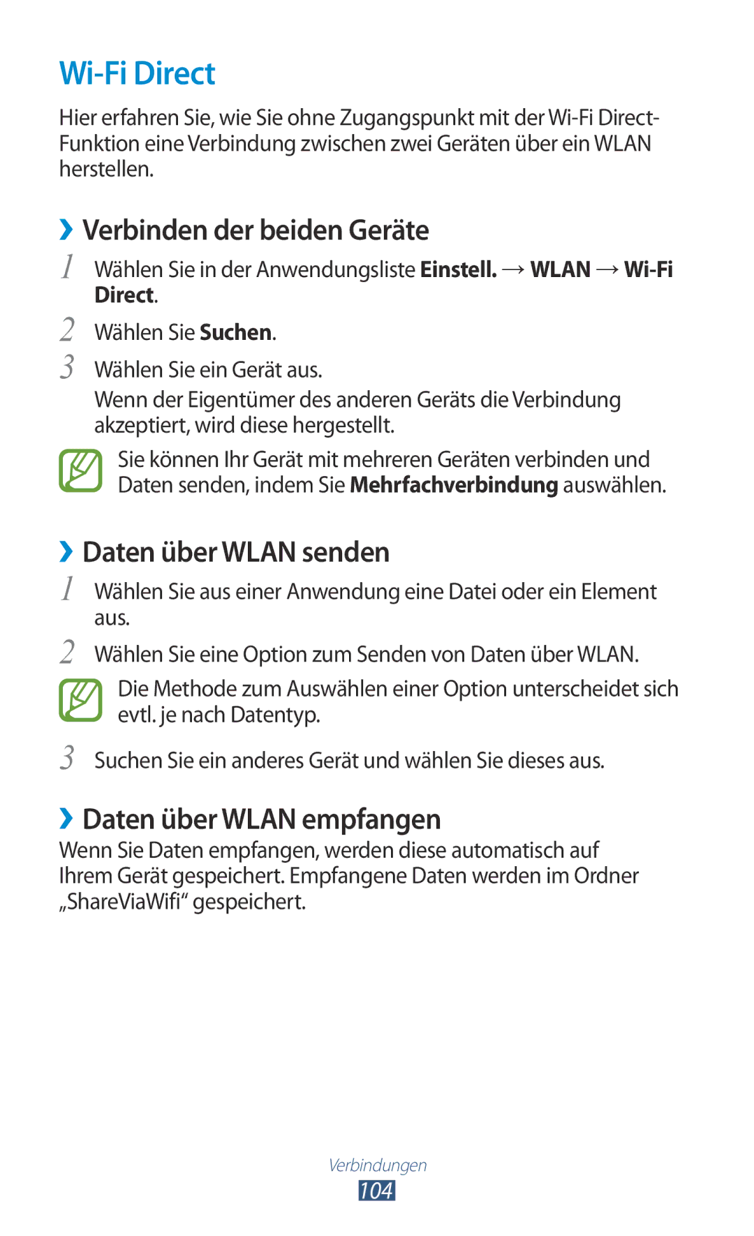 Samsung GT-P3100TSADBT Wi-Fi Direct, ››Verbinden der beiden Geräte, ››Daten über Wlan senden, ››Daten über Wlan empfangen 