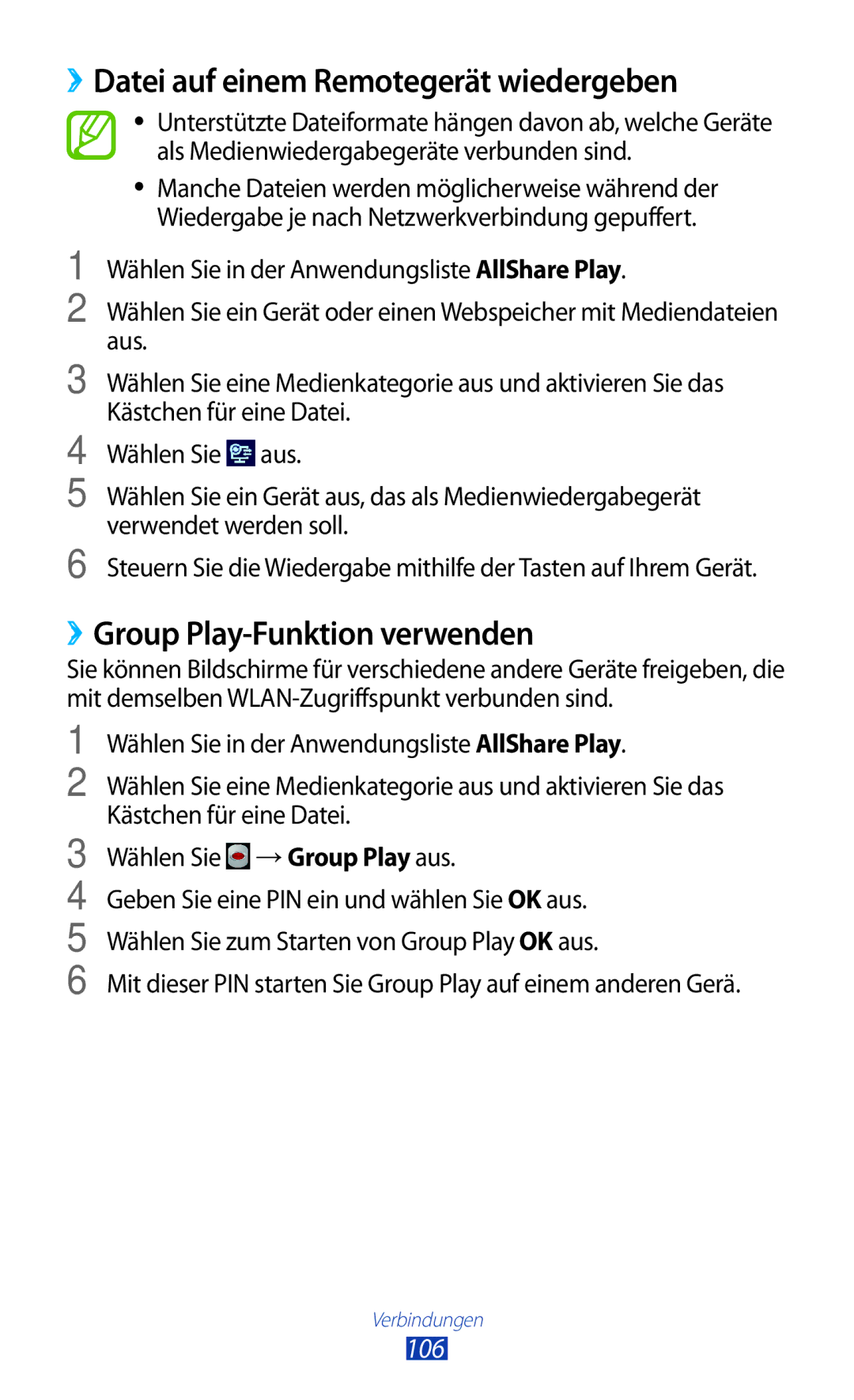 Samsung GT-P3100ZWAITV, GT-P3100TSAVD2 manual ››Datei auf einem Remotegerät wiedergeben, ››Group Play-Funktion verwenden 