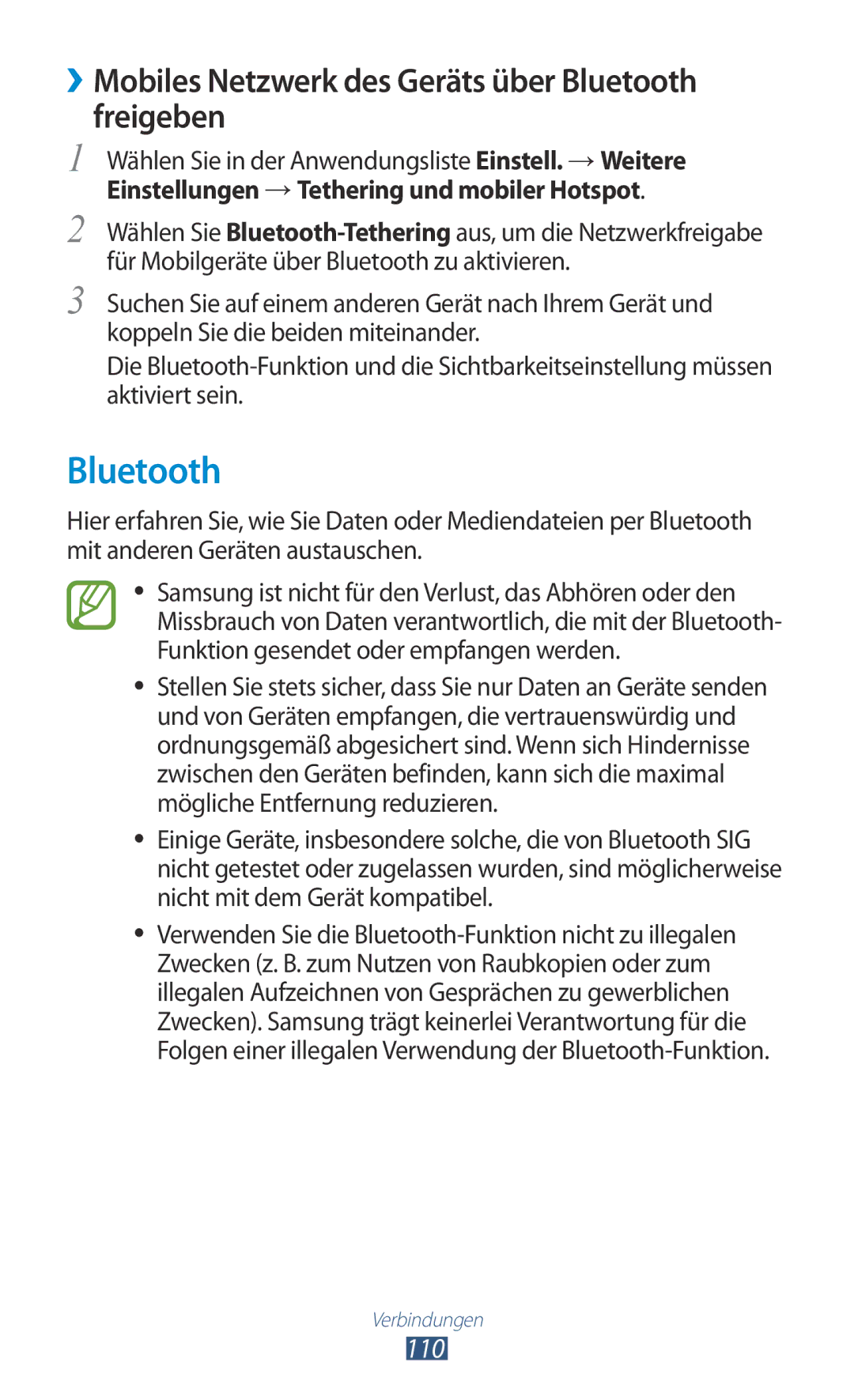 Samsung GT-P3100TSAVD2, GT-P3100ZWAHUI, GT-P3100ZWFDBT manual ››Mobiles Netzwerk des Geräts über Bluetooth freigeben 