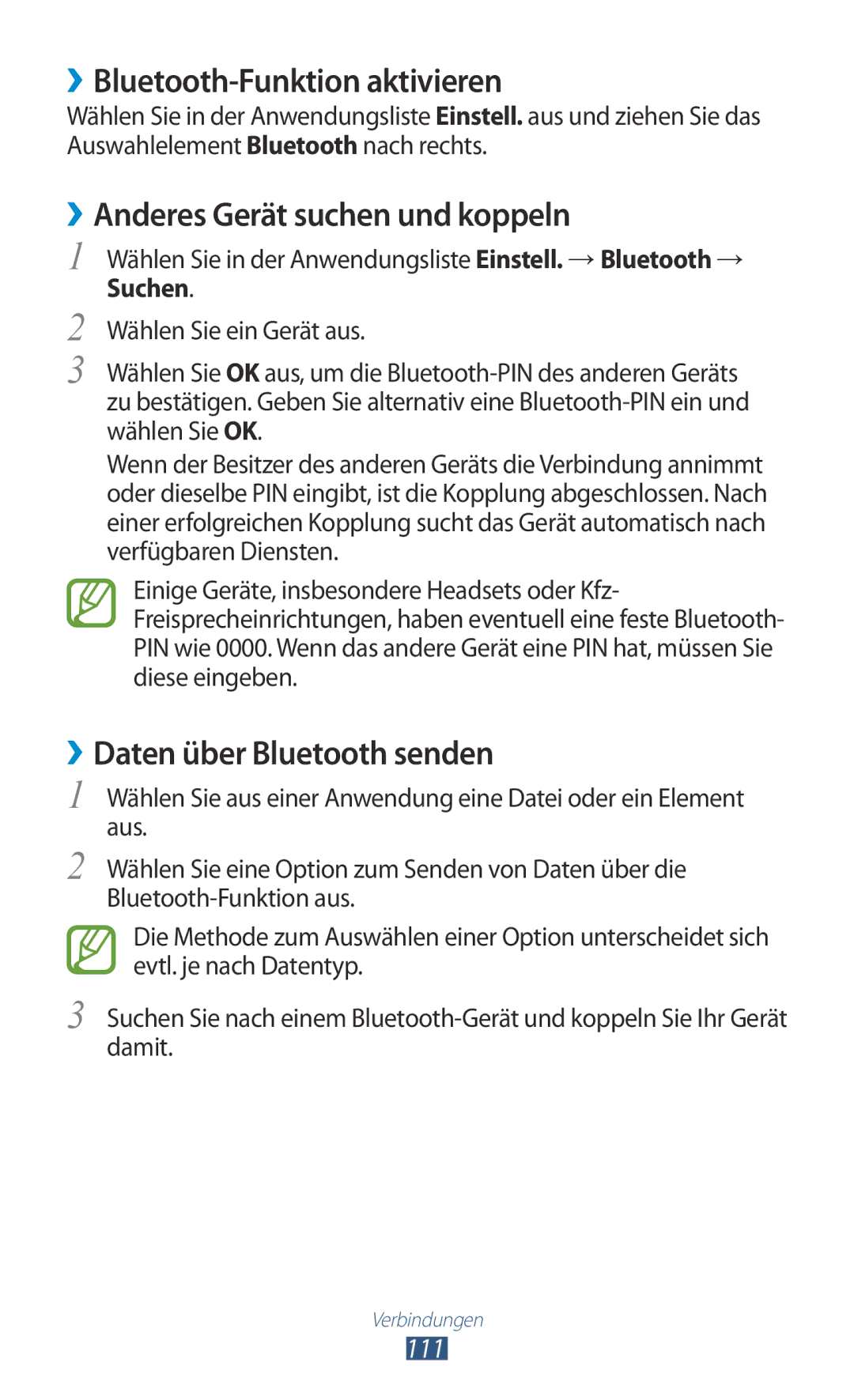 Samsung GT-P3100ZWAHUI ››Bluetooth-Funktion aktivieren, ››Anderes Gerät suchen und koppeln, ››Daten über Bluetooth senden 