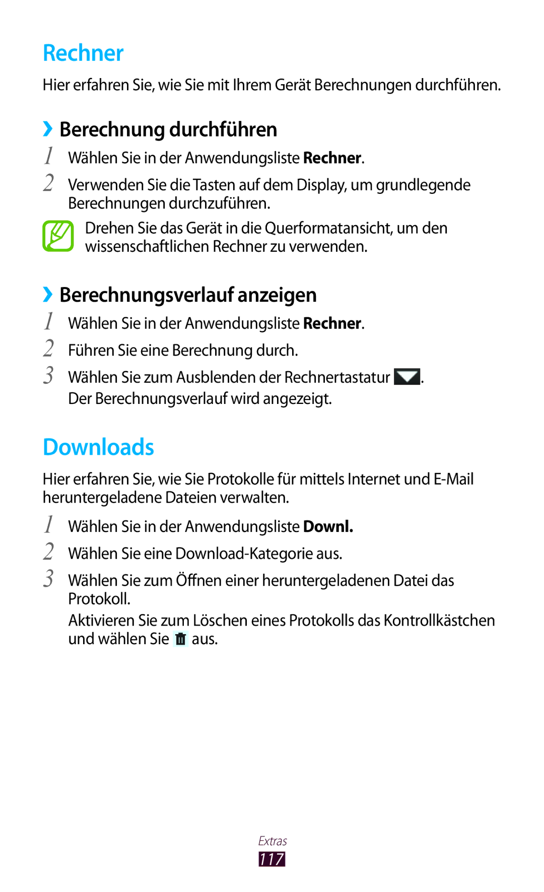 Samsung GT-P3100TSATPH, GT-P3100TSAVD2 manual Rechner, Downloads, ››Berechnung durchführen, ››Berechnungsverlauf anzeigen 