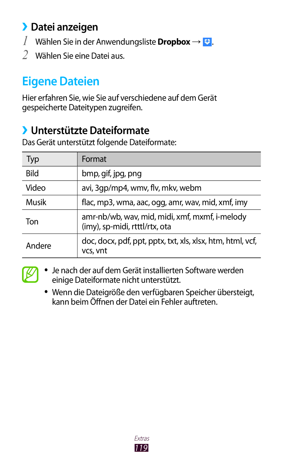 Samsung GT-P3100ZWEDBT Eigene Dateien, ››Datei anzeigen, ››Unterstützte Dateiformate, Ton, Imy, sp-midi, rtttl/rtx, ota 