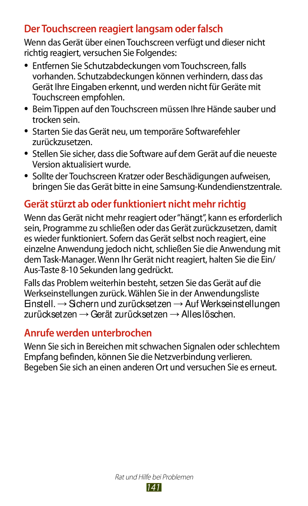 Samsung GT-P3100ZWEDBT, GT-P3100TSAVD2, GT-P3100ZWAHUI, GT-P3100ZWFDBT manual Der Touchscreen reagiert langsam oder falsch 