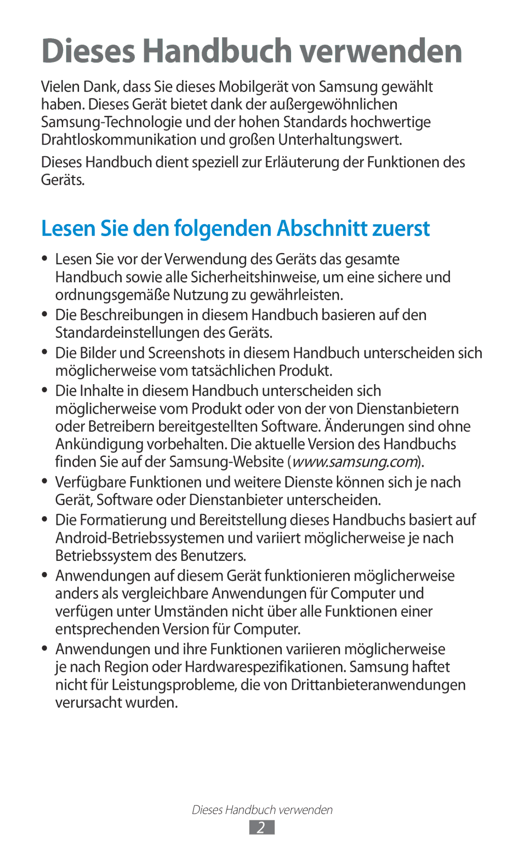 Samsung GT-P3100ZWFDBT, GT-P3100TSAVD2, GT-P3100ZWAHUI Dieses Handbuch verwenden, Lesen Sie den folgenden Abschnitt zuerst 