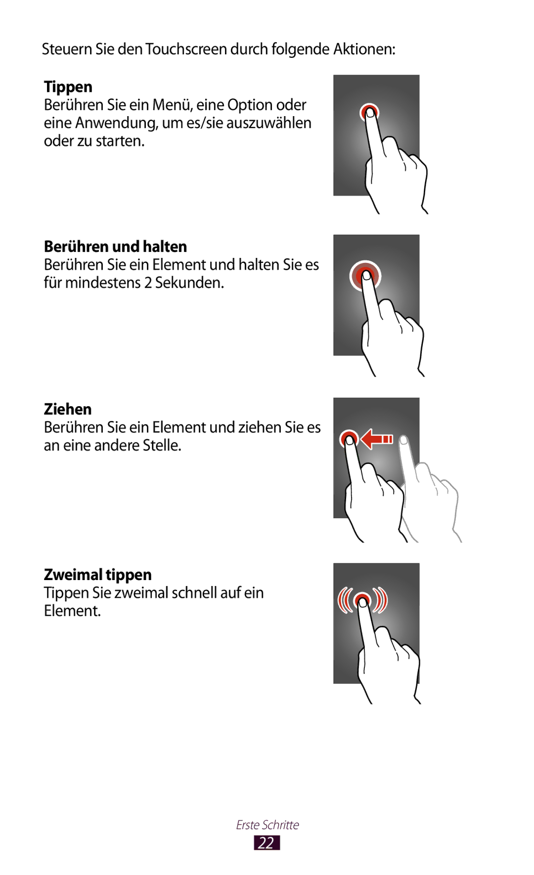 Samsung GT-P3100TSAVD2, GT-P3100ZWAHUI, GT-P3100ZWFDBT, GT-P3100TSFDBT Tippen, Berühren und halten, Ziehen, Zweimal tippen 