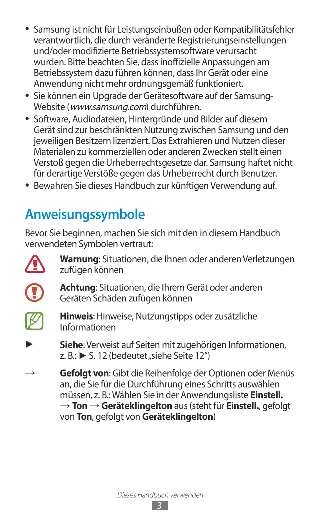 Samsung GT-P3100TSFDBT, GT-P3100TSAVD2 manual Anweisungssymbole, Bewahren Sie dieses Handbuch zur künftigen Verwendung auf 