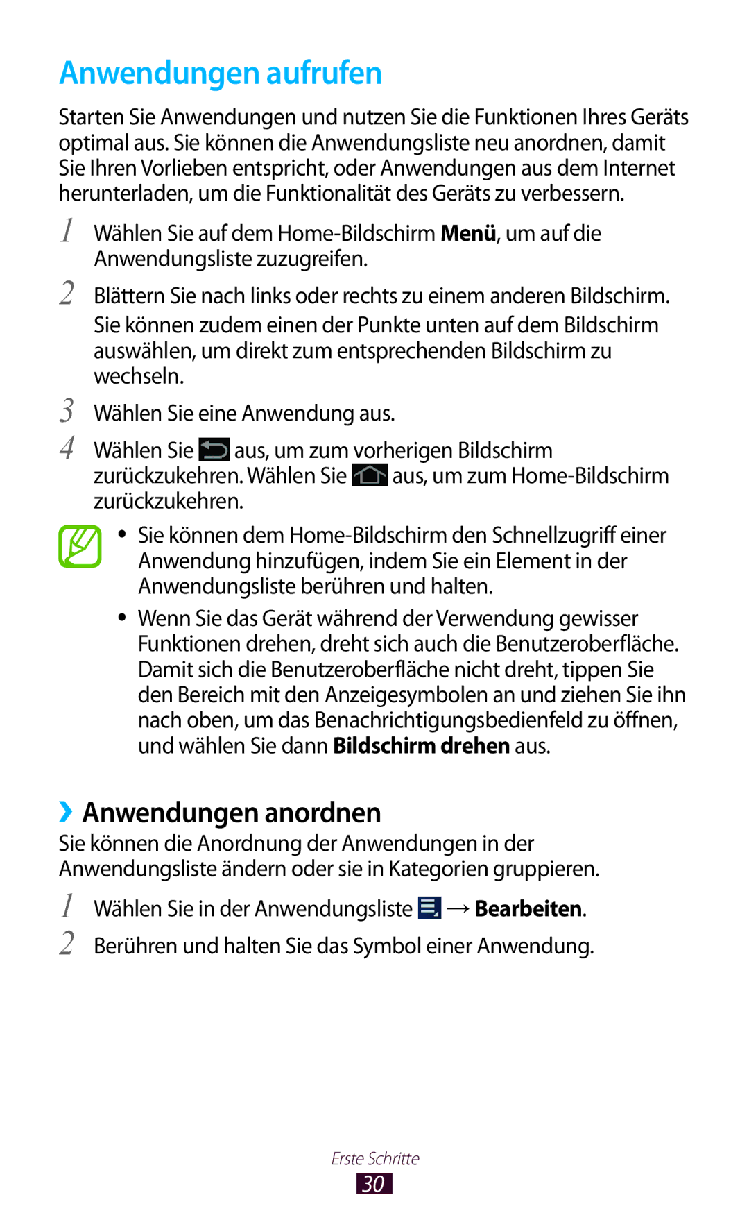 Samsung GT-P3100TSAATO, GT-P3100TSAVD2, GT-P3100ZWAHUI, GT-P3100ZWFDBT manual Anwendungen aufrufen, ››Anwendungen anordnen 