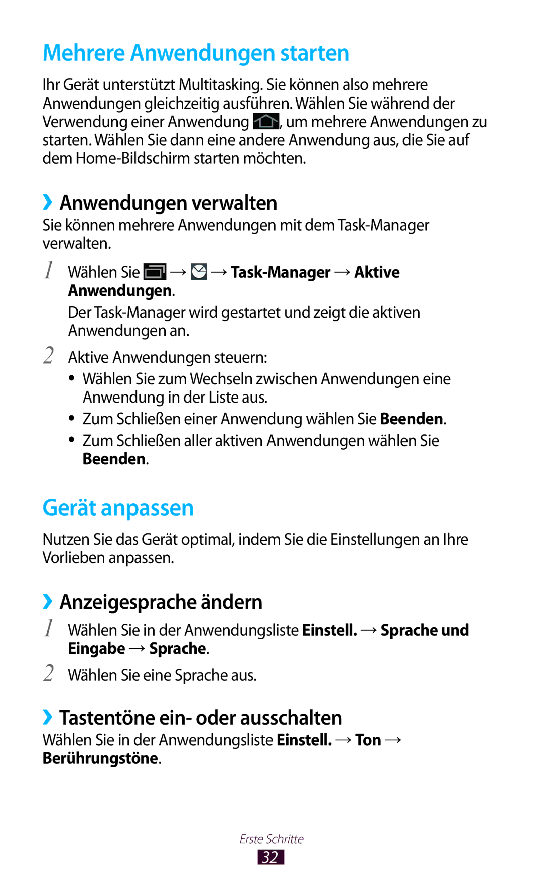 Samsung GT-P3100TSETPH manual Mehrere Anwendungen starten, Gerät anpassen, ››Anwendungen verwalten, ››Anzeigesprache ändern 