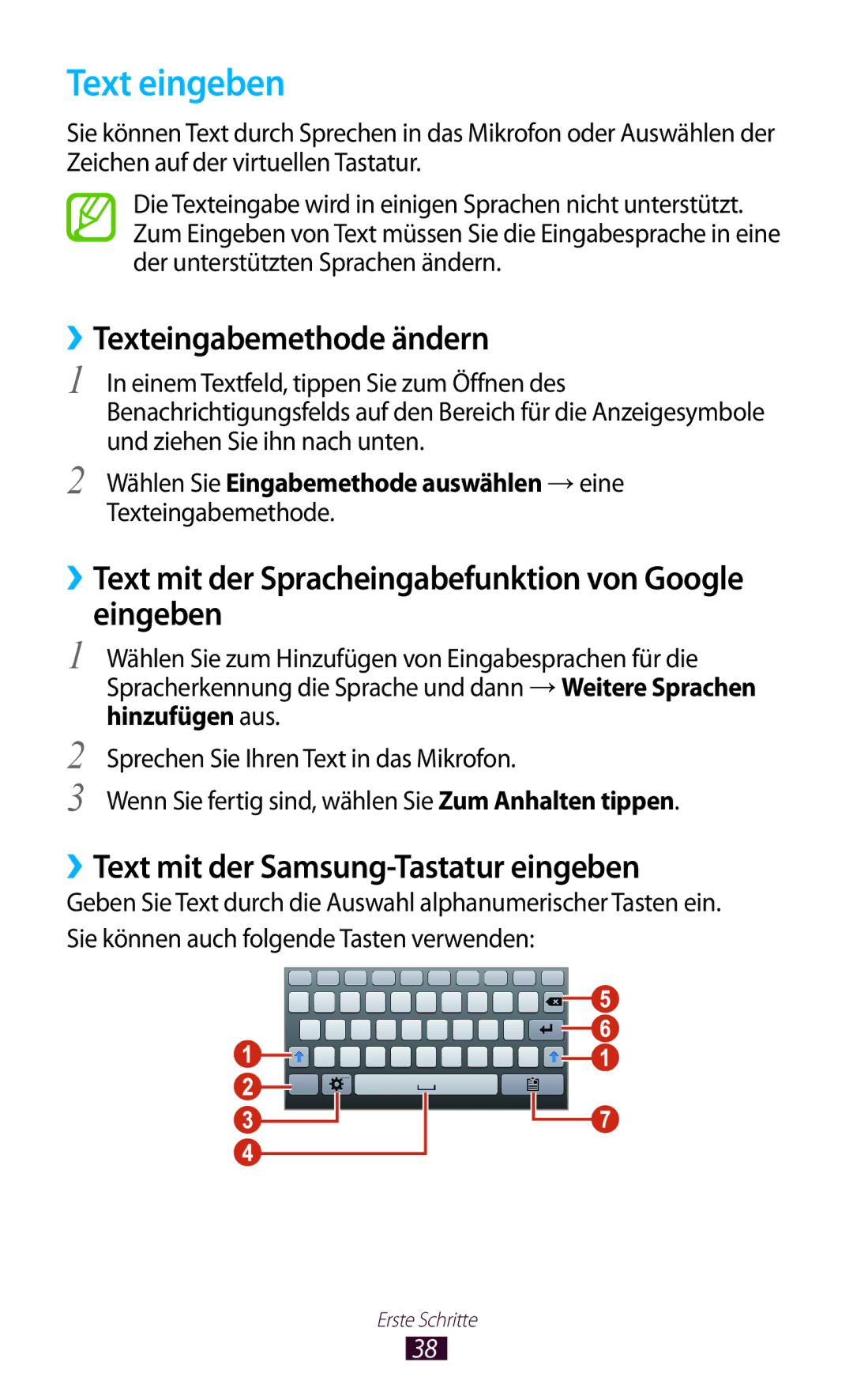 Samsung GT-P3100TSADBT manual Text eingeben, ››Texteingabemethode ändern, ››Text mit der Samsung-Tastatur eingeben 