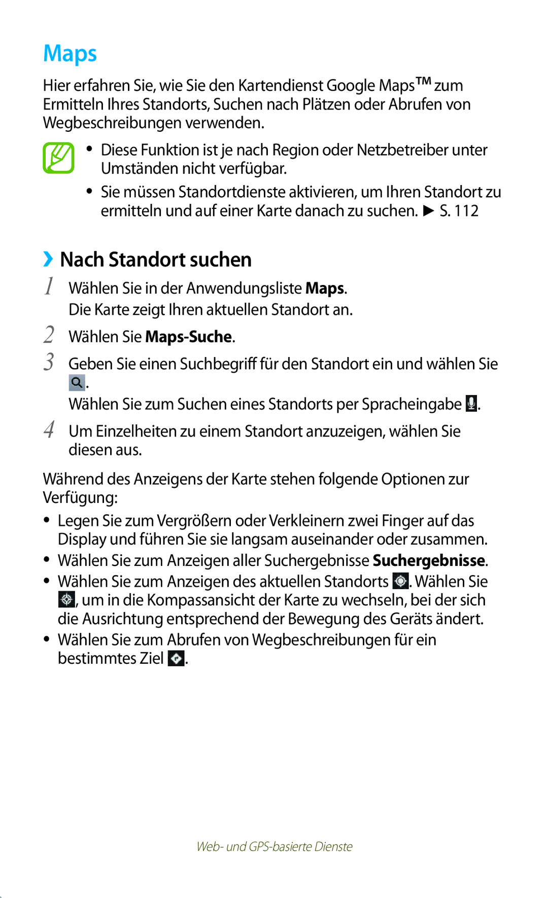 Samsung GT-P3100TSAVD2, GT-P3100ZWAHUI, GT-P3100ZWFDBT, GT-P3100TSFDBT, GT-P3100TSAXEO manual Maps, ››Nach Standort suchen 