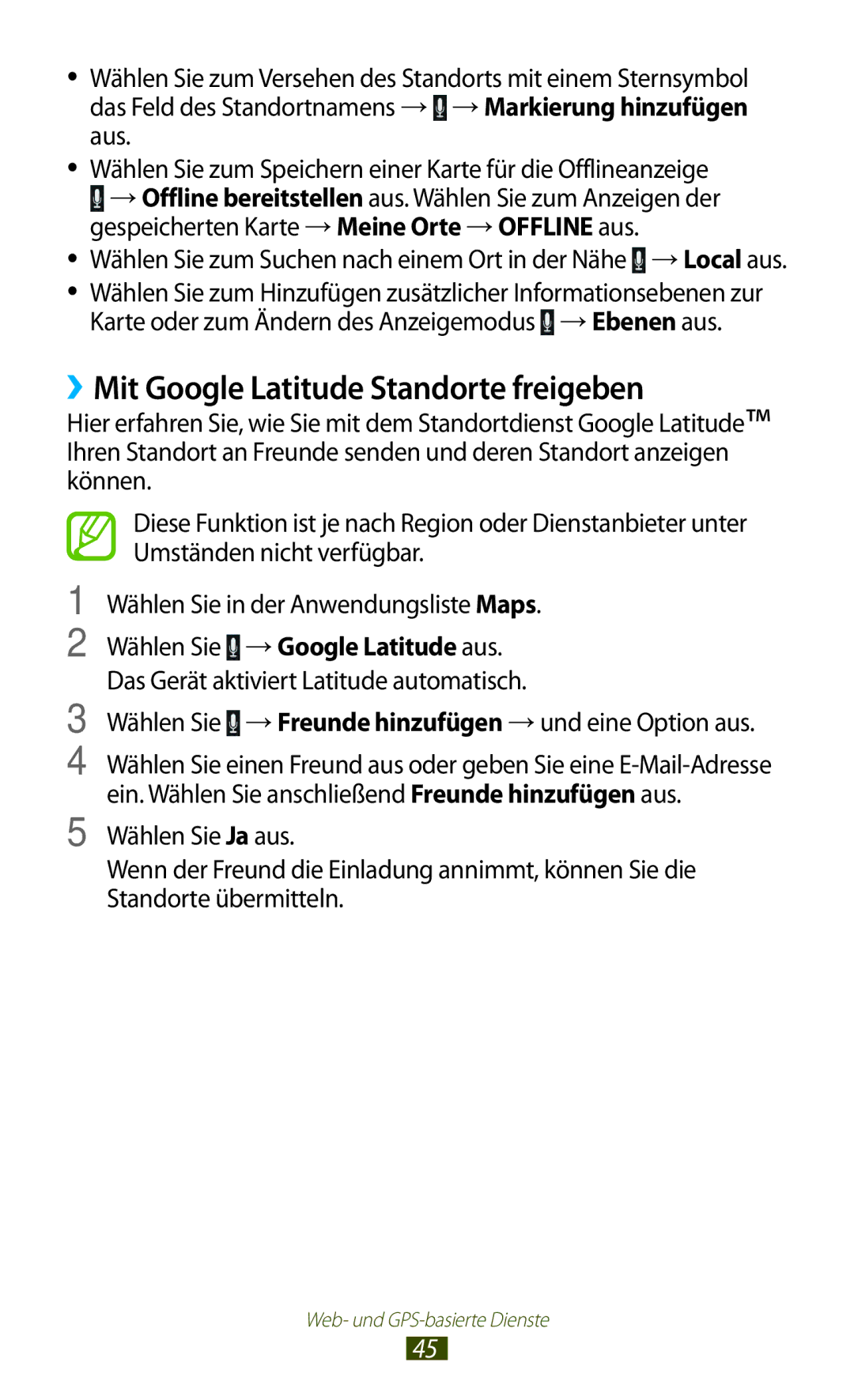 Samsung GT-P3100ZWAHUI, GT-P3100TSAVD2, GT-P3100ZWFDBT, GT-P3100TSFDBT manual ››Mit Google Latitude Standorte freigeben 