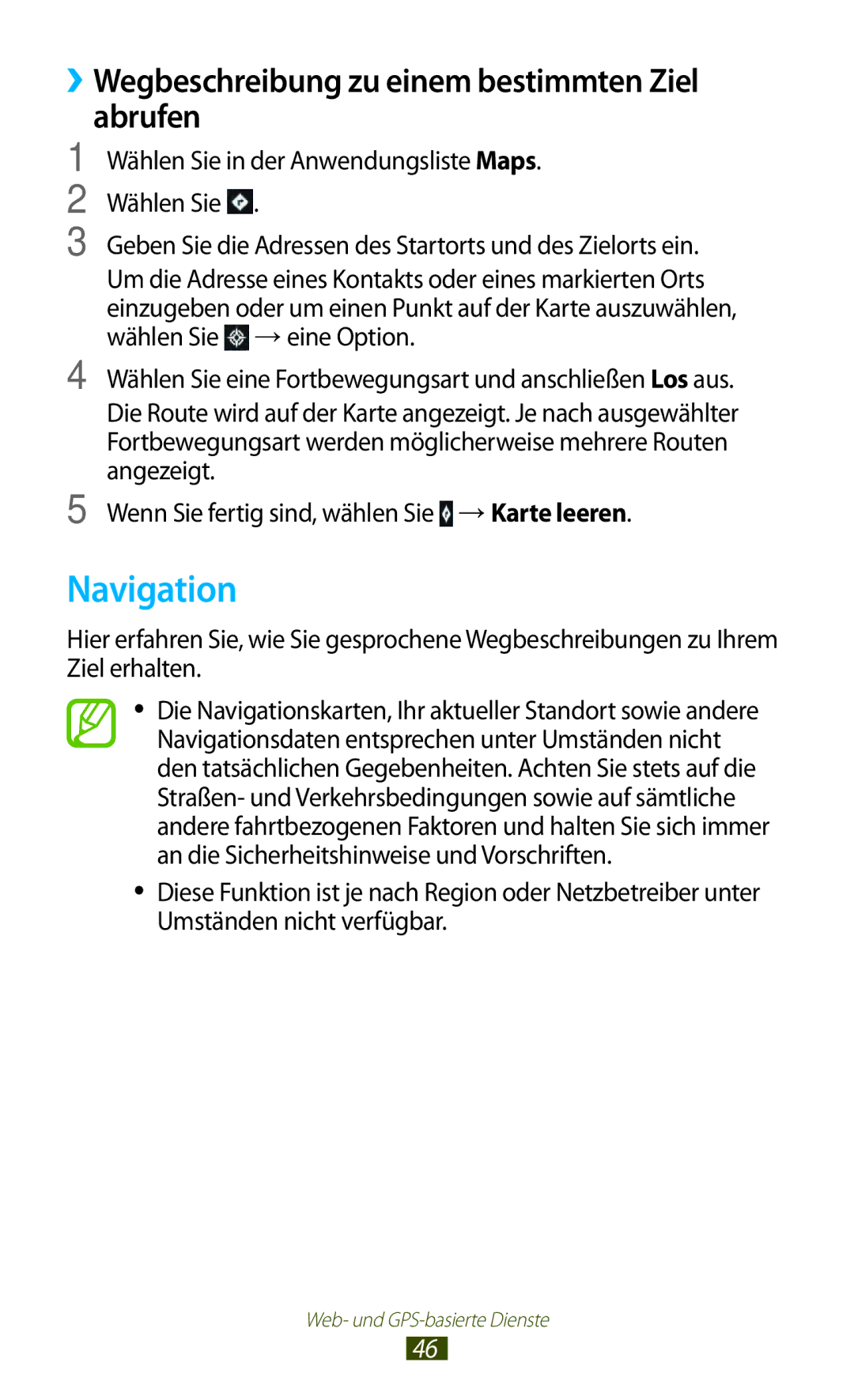 Samsung GT-P3100ZWFDBT, GT-P3100TSAVD2, GT-P3100ZWAHUI manual Navigation, ››Wegbeschreibung zu einem bestimmten Ziel abrufen 