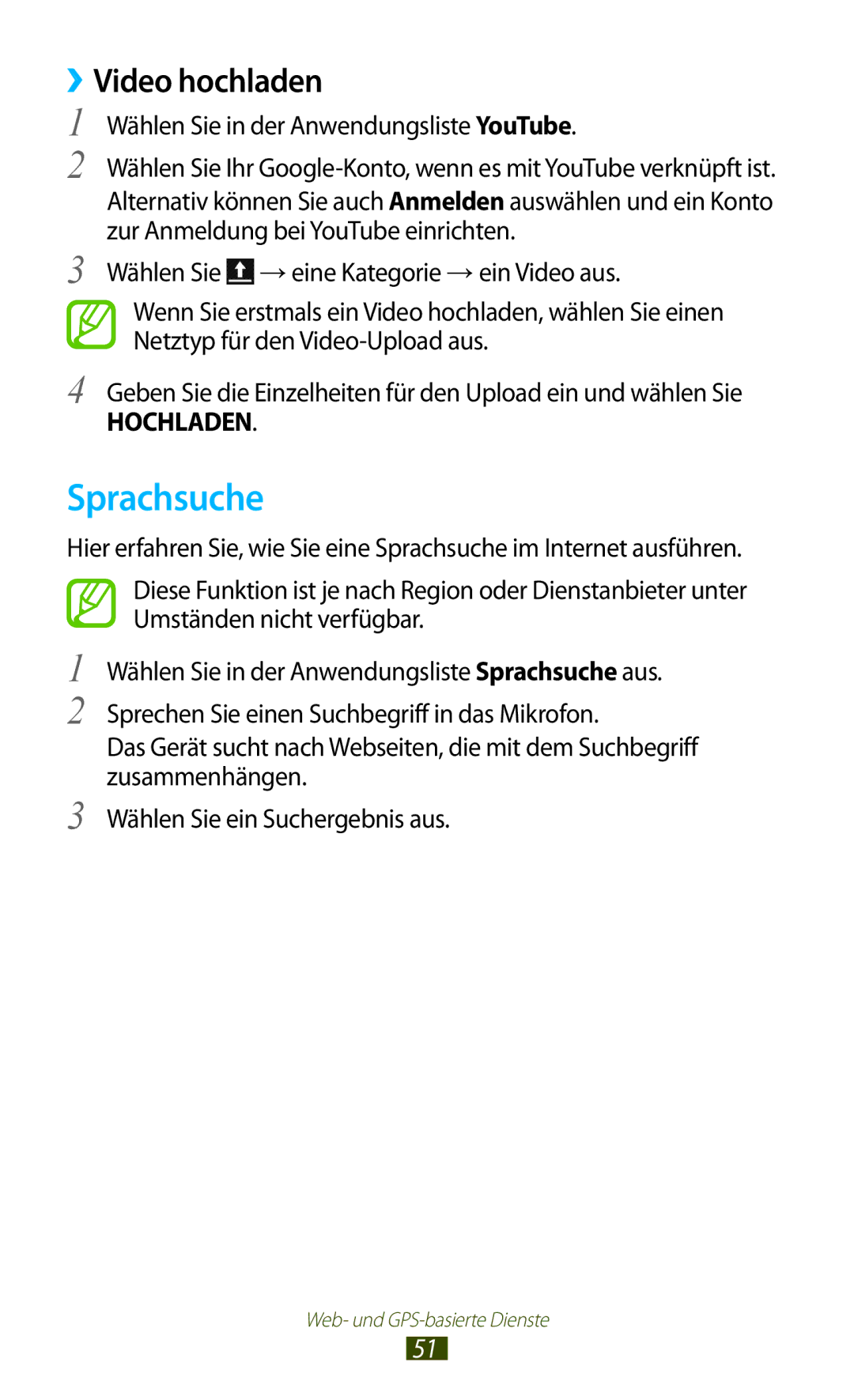 Samsung GT-P3100TSATPH, GT-P3100TSAVD2 manual Sprachsuche, ››Video hochladen, Wählen Sie in der Anwendungsliste YouTube 