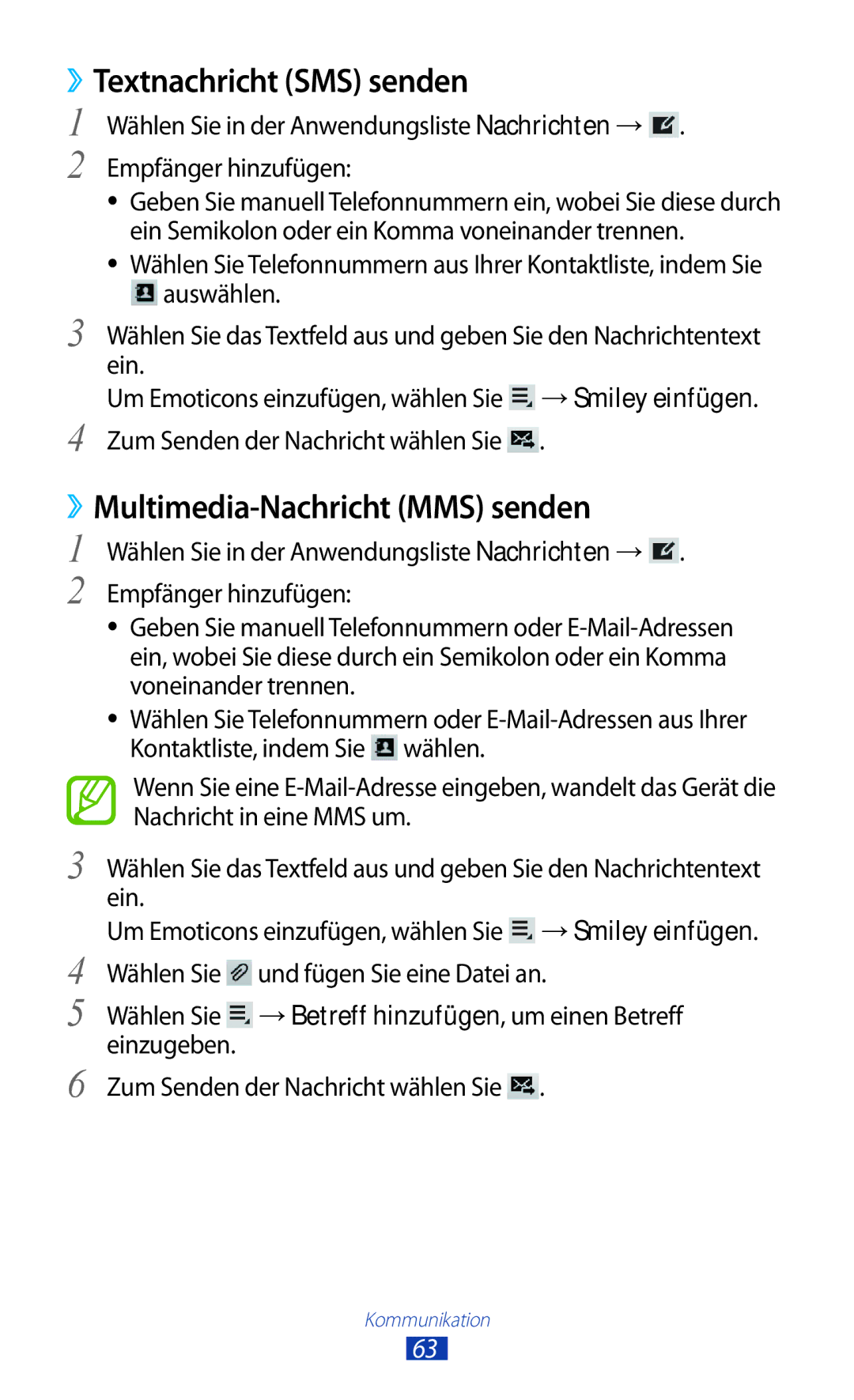 Samsung GT-P3100TSEVD2, GT-P3100TSAVD2, GT-P3100ZWAHUI manual ››Textnachricht SMS senden, ››Multimedia-Nachricht MMS senden 