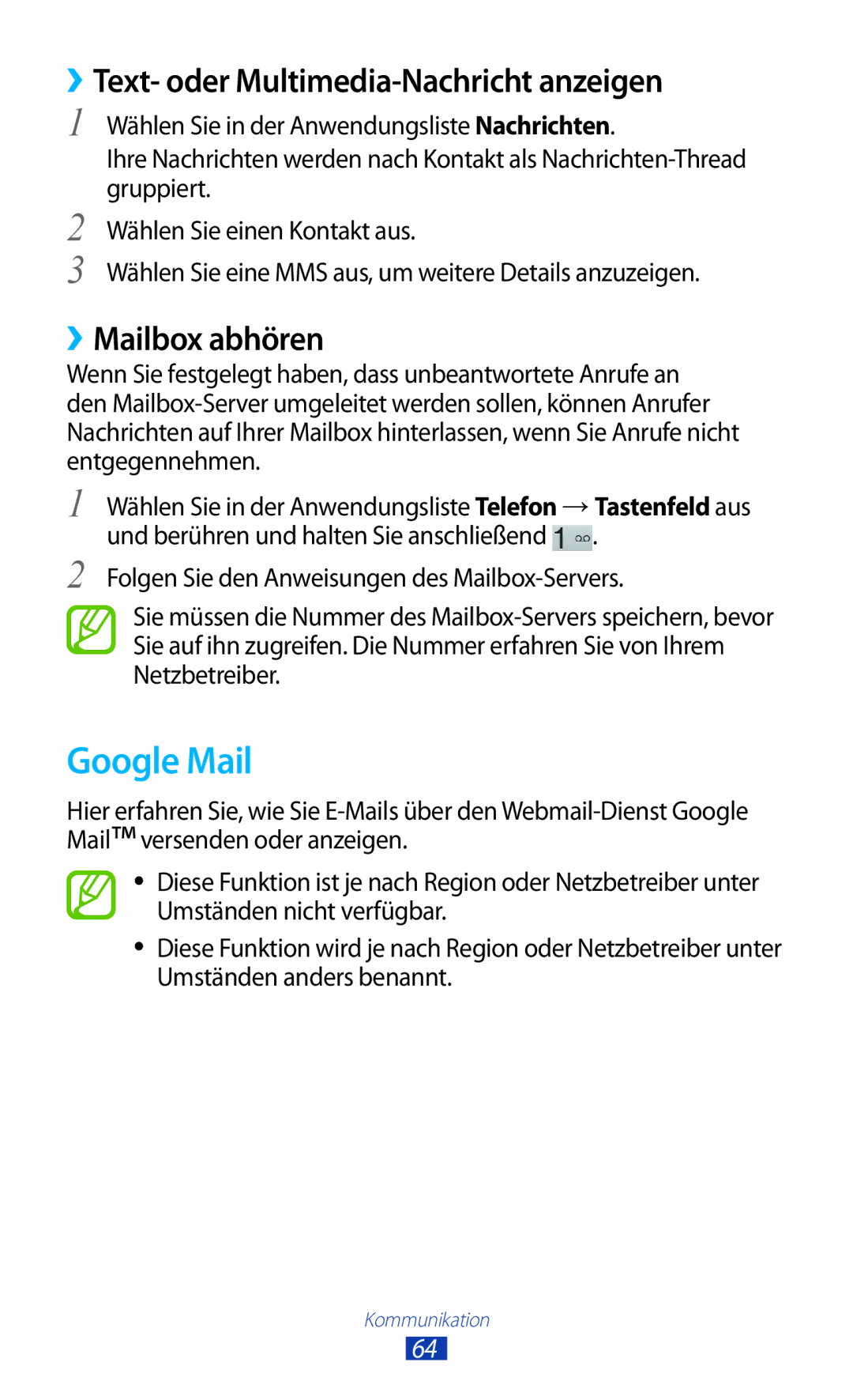 Samsung GT-P3100GRADBT, GT-P3100TSAVD2 manual Google Mail, ››Text- oder Multimedia-Nachricht anzeigen, ››Mailbox abhören 