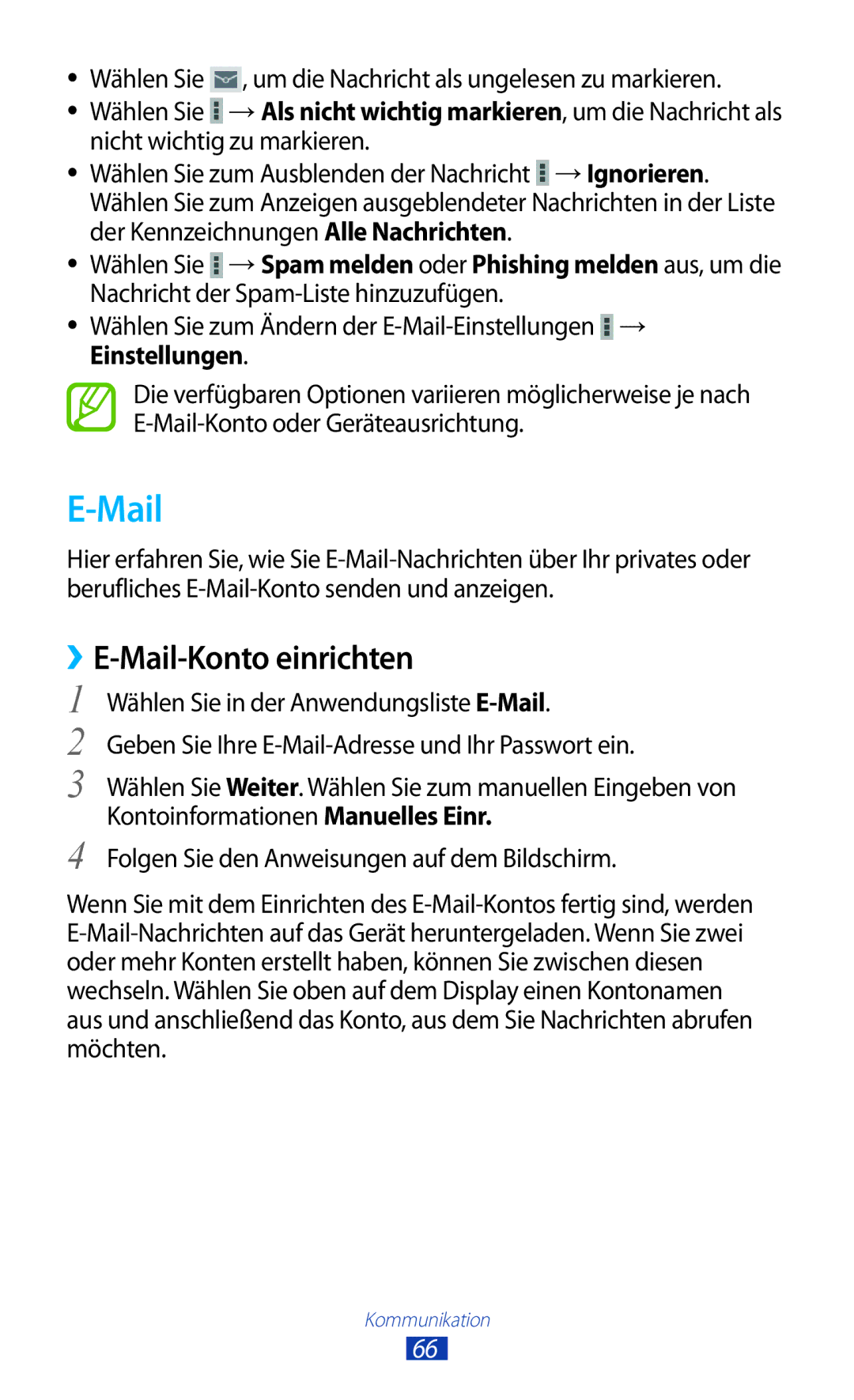 Samsung GT-P3100TSAVD2, GT-P3100ZWAHUI manual ››E-Mail-Konto einrichten, Um die Nachricht als ungelesen zu markieren 