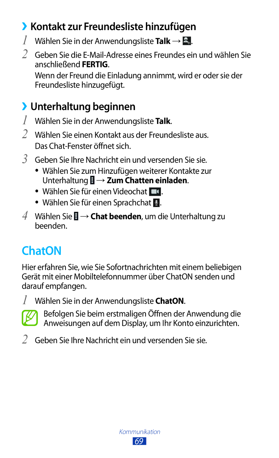 Samsung GT-P3100TSFDBT, GT-P3100TSAVD2 manual ChatON, ››Kontakt zur Freundesliste hinzufügen, ››Unterhaltung beginnen 