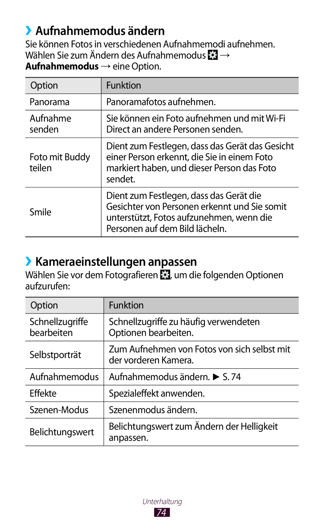 Samsung GT-P3100TSAATO, GT-P3100TSAVD2, GT-P3100ZWAHUI manual ››Aufnahmemodus ändern, ››Kameraeinstellungen anpassen 