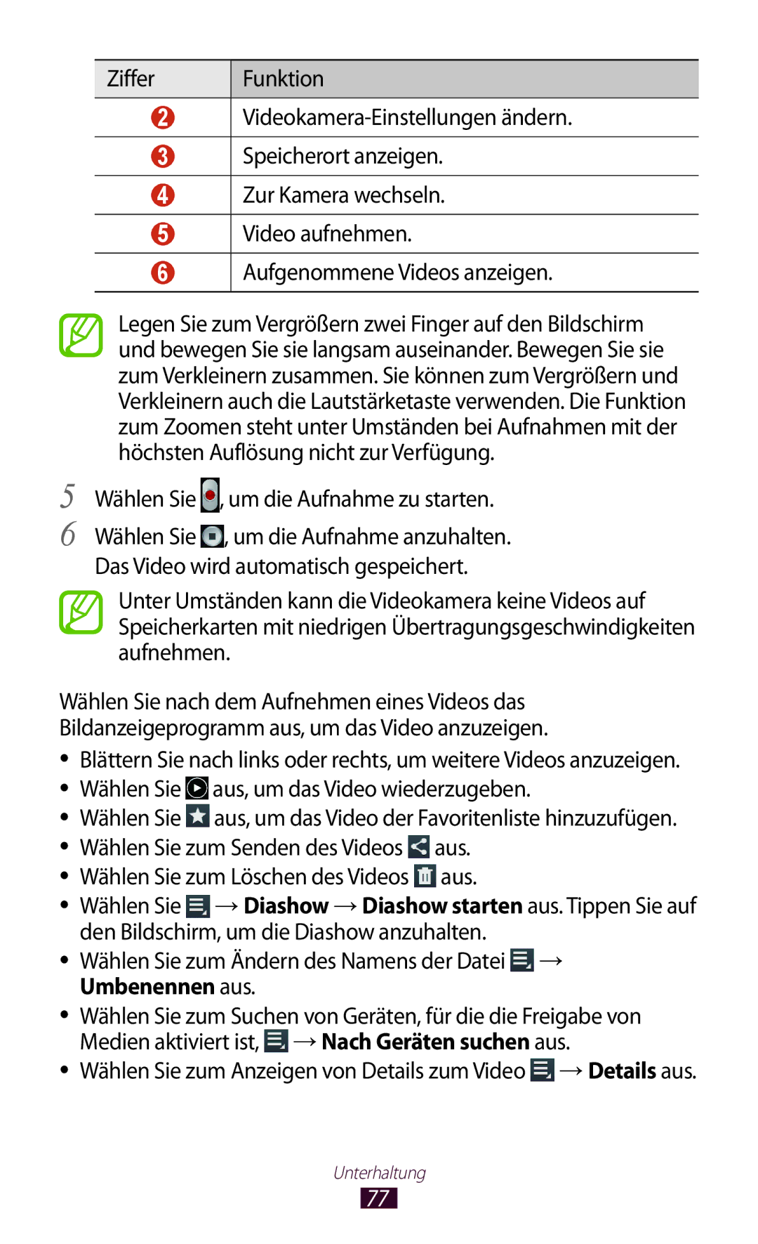 Samsung GT-P3100TSEEPL, GT-P3100TSAVD2, GT-P3100ZWAHUI, GT-P3100ZWFDBT manual Wählen Sie , um die Aufnahme zu starten 