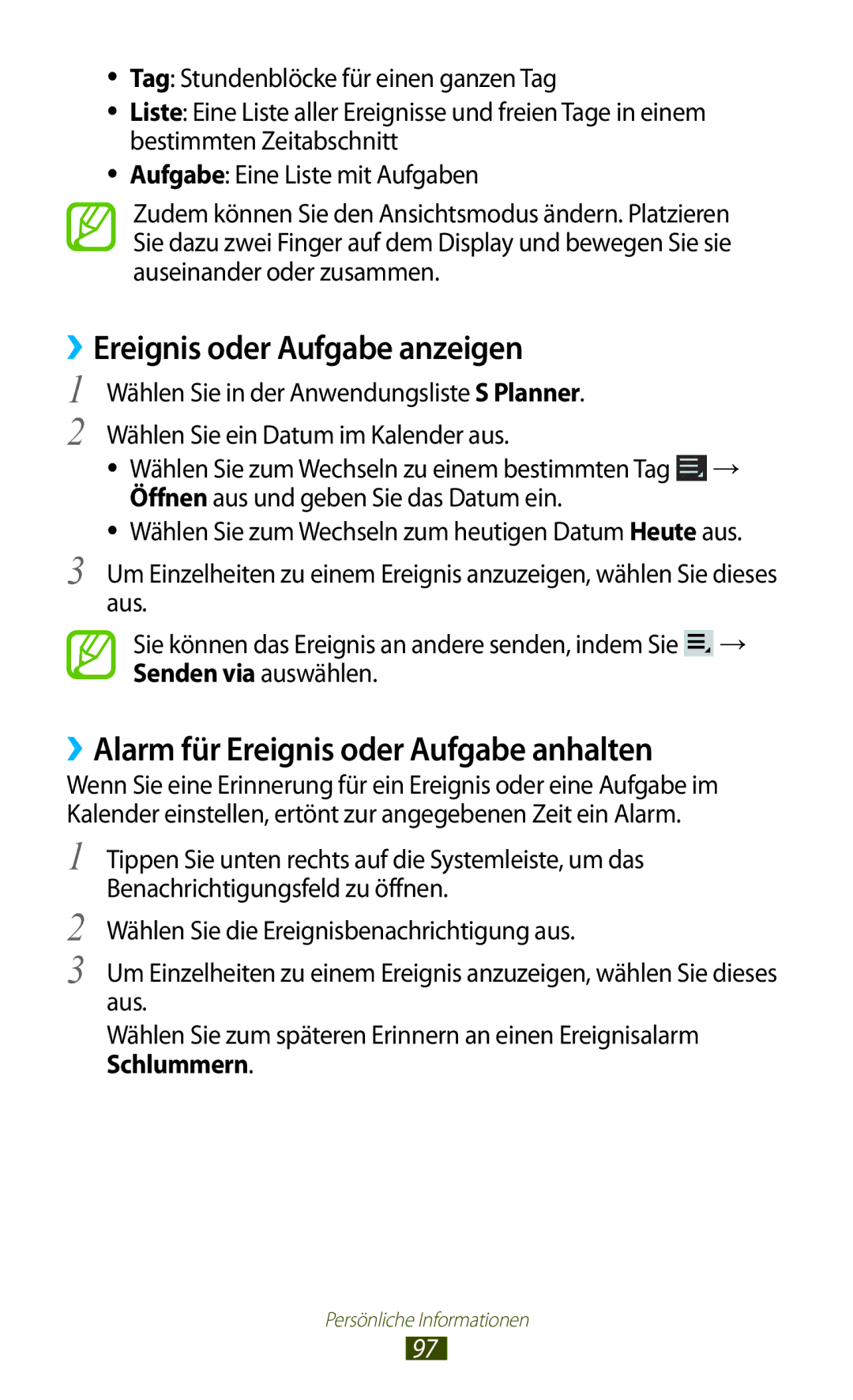 Samsung GT-P3100ZWEDBT, GT-P3100TSAVD2 manual ››Ereignis oder Aufgabe anzeigen, ››Alarm für Ereignis oder Aufgabe anhalten 