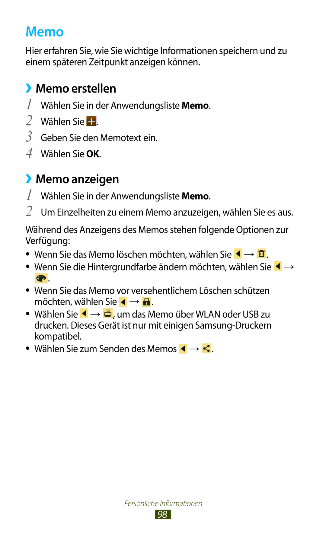 Samsung GT-P3100TSETPH, GT-P3100TSAVD2, GT-P3100ZWAHUI, GT-P3100ZWFDBT, GT-P3100TSFDBT ››Memo erstellen, ››Memo anzeigen 