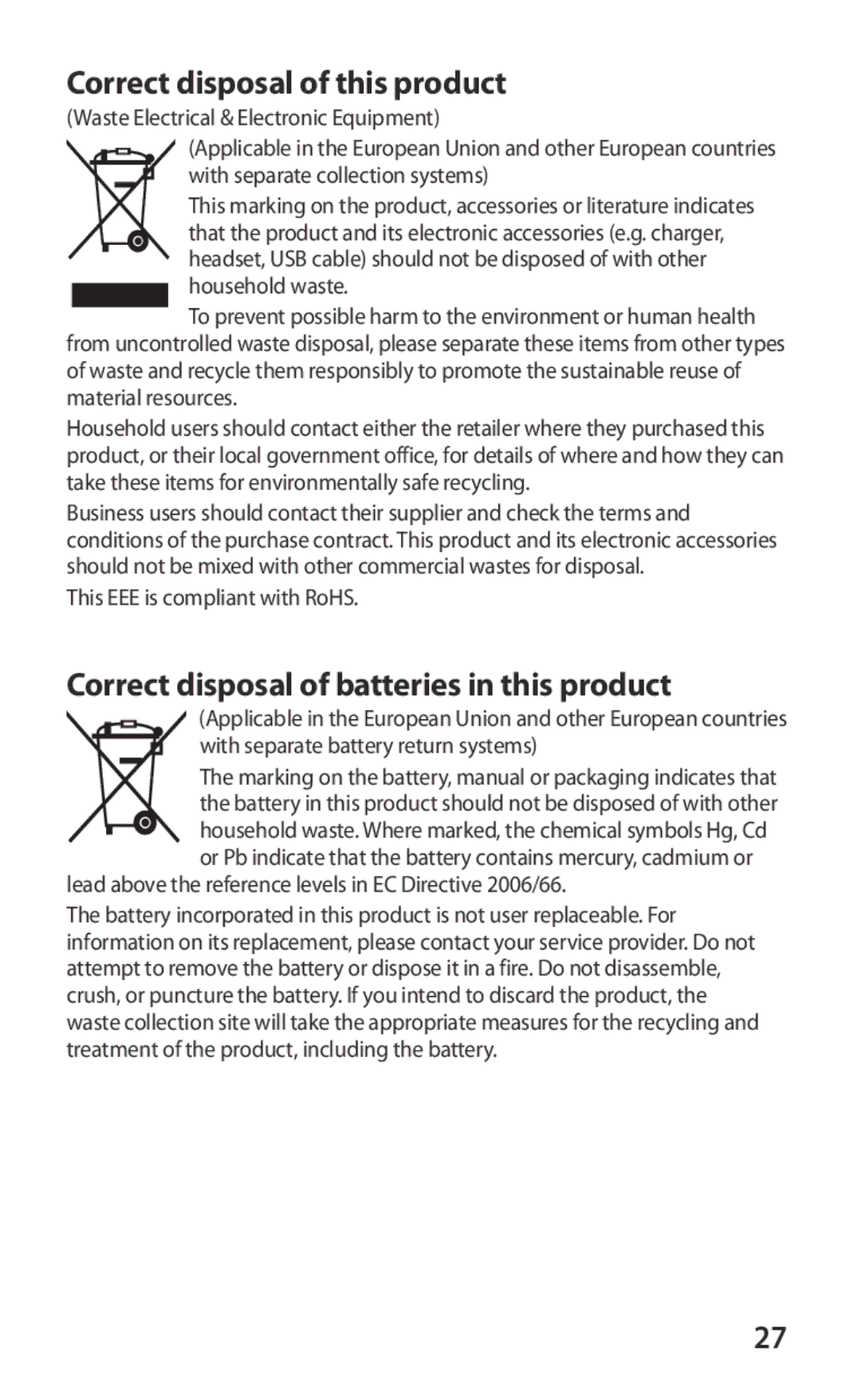 Samsung GT-P3100TSAITV, GT-P3100TSAVD2, GT-P3100ZWAHUI, GT-P3100ZWFDBT, GT-P3100TSFDBT manual Correct disposal of this product 