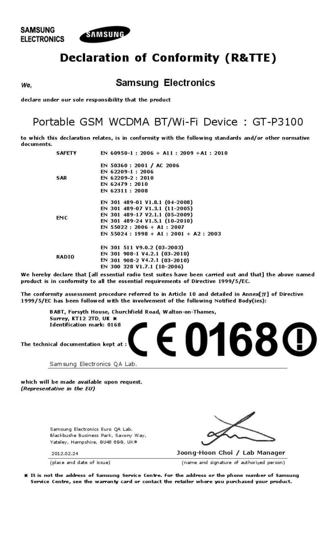 Samsung GT-P3100ZWATIM, GT-P3100TSAVD2, GT-P3100ZWAHUI, GT-P3100ZWFDBT, GT-P3100TSFDBT manual Declaration of Conformity R&TTE 