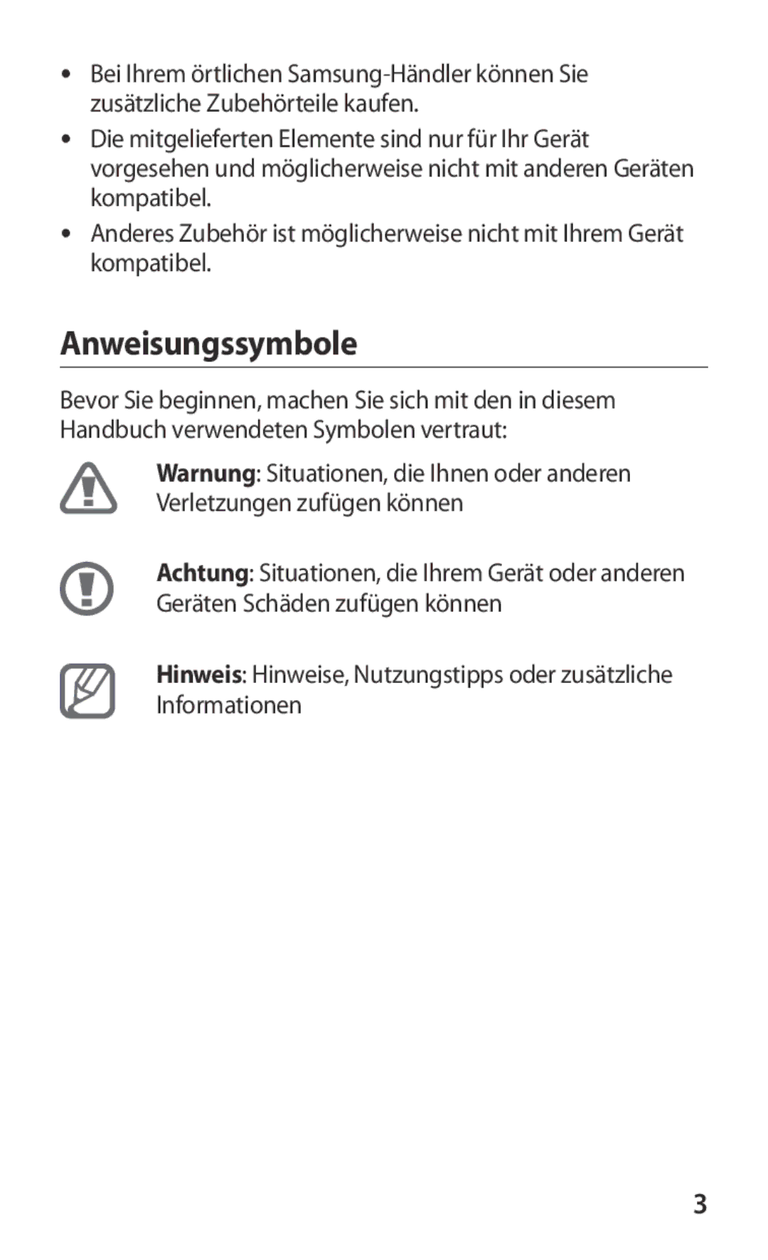 Samsung GT-P3100TSFDBT, GT-P3100TSAVD2, GT-P3100ZWAHUI, GT-P3100ZWFDBT, GT-P3100TSAXEO, GT-P3100ZWETPH manual Anweisungssymbole 