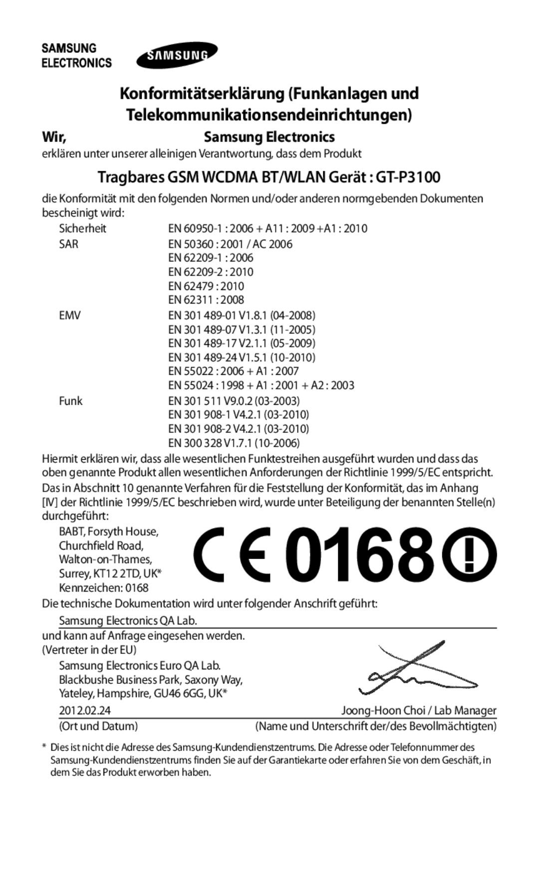 Samsung GT-P3100ZWEDBT, GT-P3100TSAVD2 manual Konformitätserklärung Funkanlagen und, Telekommunikationsendeinrichtungen, Wir 