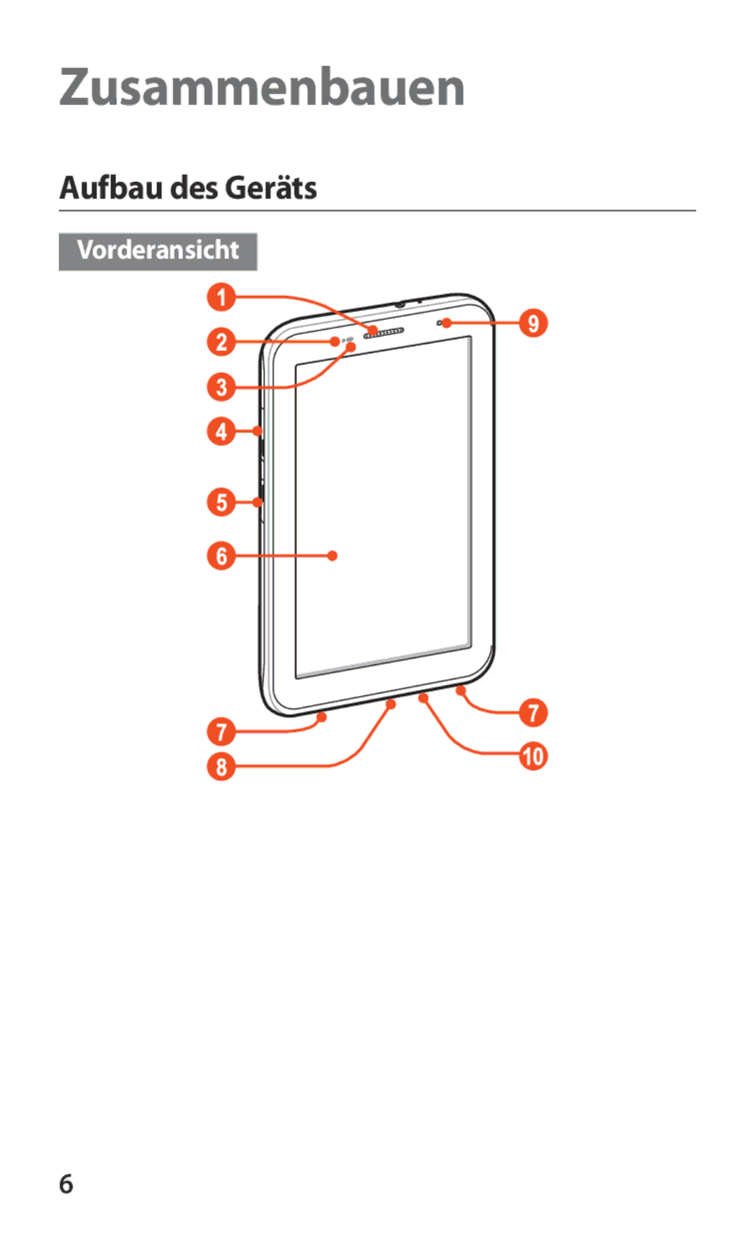 Samsung GT-P3100ZWADBT, GT-P3100TSAVD2, GT-P3100ZWAHUI, GT-P3100ZWFDBT, GT-P3100TSFDBT manual Aufbau des Geräts, Vorderansicht 
