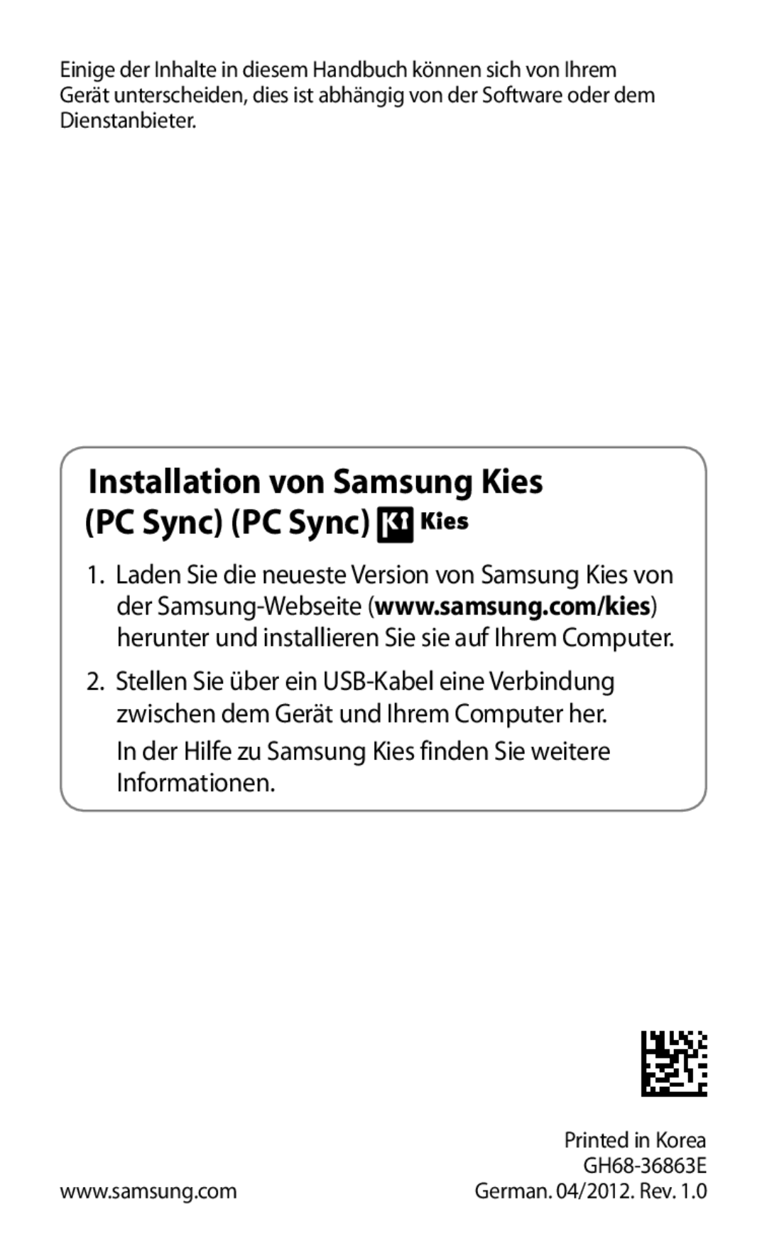 Samsung GT-P3100TSETPH, GT-P3100TSAVD2 manual Installation von Samsung Kies PC Sync PC Sync, Printed in Korea, GH68-36863E 
