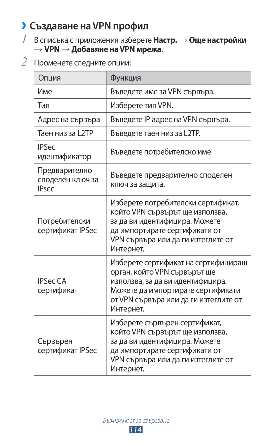 Samsung GT-P3100TSAMTL, GT-P3100TSEMTL, GT-P3100TSAGBL manual ››Създаване на VPN профил, 114, →VPN →Добавяне на VPN мрежа 