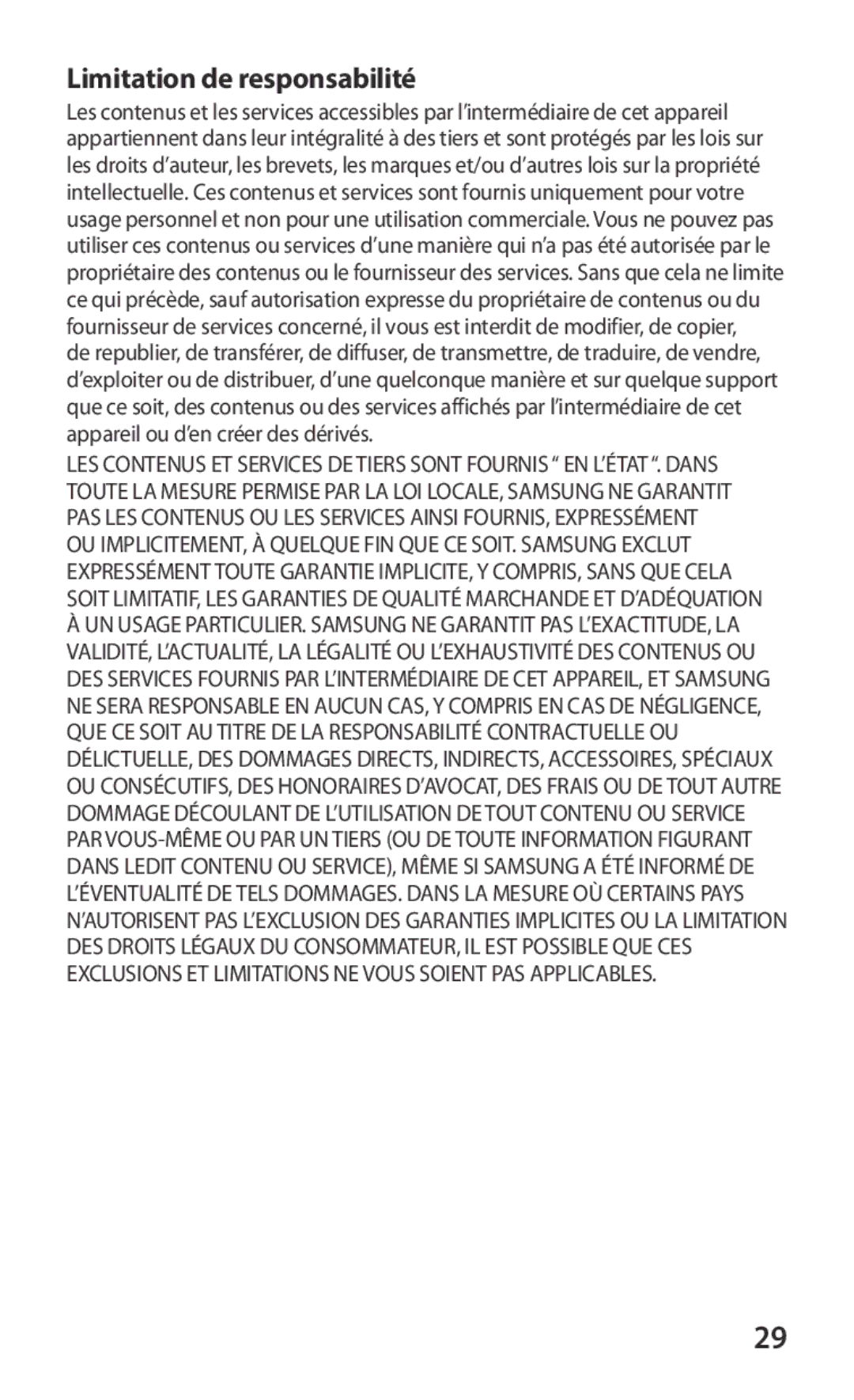 Samsung GT-P3100GRABGL, GT-P3100TSEMTL, GT-P3100TSAGBL, GT-P3100TSABGL, GT-P3100TSEBGL manual Limitation de responsabilité 